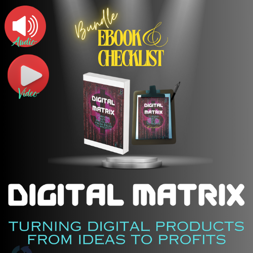 Promotional image for turning digital products from ideas to profits, featuring a dollar sign with binary computer matrix around it, symbolizing money opportunities online.