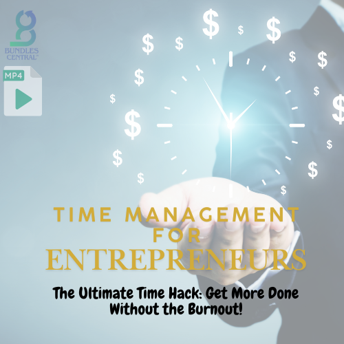 Promotional image for a time management course for entrepreneurs, featuring a clock with dollar signs around it, symbolizing productivity and finance.