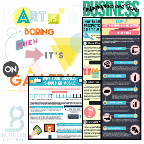A collection of colorful and visually engaging infographics and fonts designed for business use, including statistical data presentations and marketing graphics.