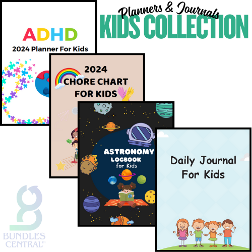 A collection of different kids' planners and journals. The collection includes ADHD Planners, Chore Chart for Kids, Astronomy Logbook for Kids, Daily Journal for Kids, and many more.