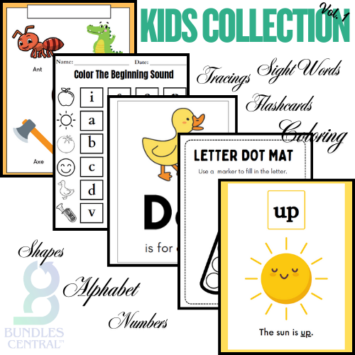 A collection of educational printable materials for kids including coloring pages, sight words tracing, shapes matching games, and letter dot mats.