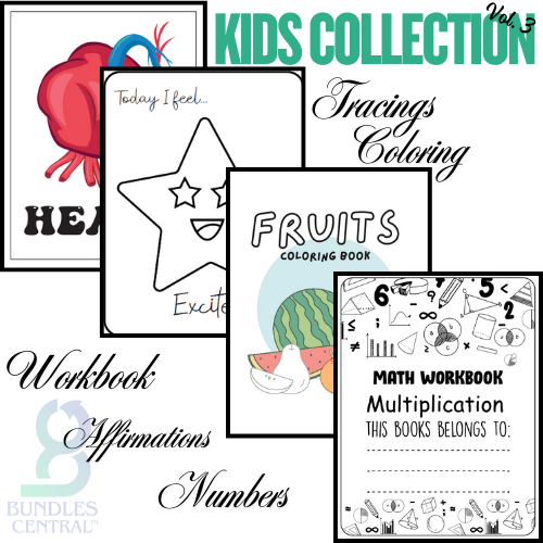 A collection of educational printable materials for kids including coloring pages, a math workbook, and tracing sheets, all designed for homeschooling and creative learning.