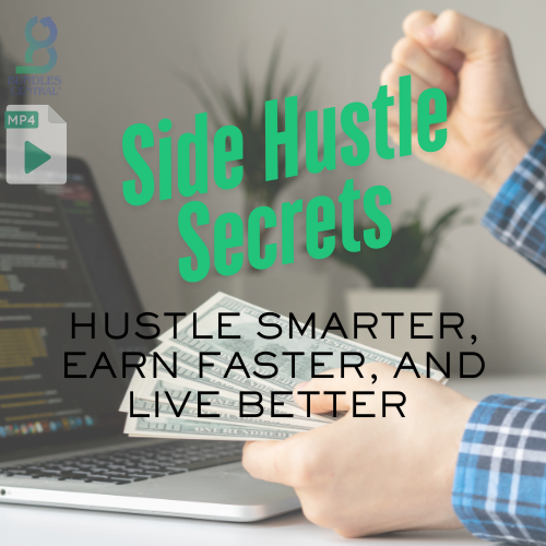 Promotional image for 'Side Hustle Secrets' featuring a person fist-bumping with money flying around, indicating earning or success, with a laptop and text detailing the video's content and offer.