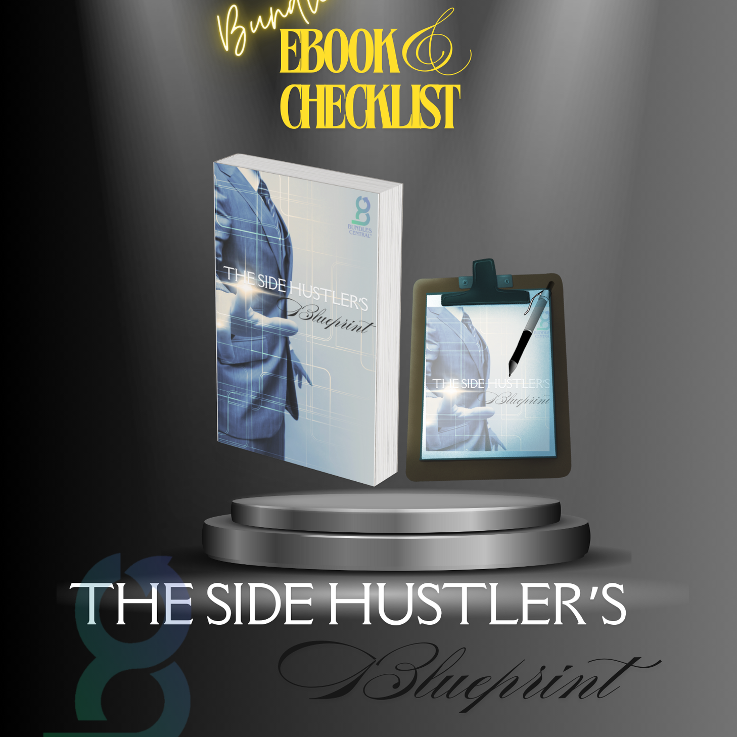Promotional graphic for 'The Side Hustler's Blueprint - BUNDLE (eBook + Checklist) PDF', featuring an image of a man named Boris pointing to the reader and a checklist with a spotlight effect.