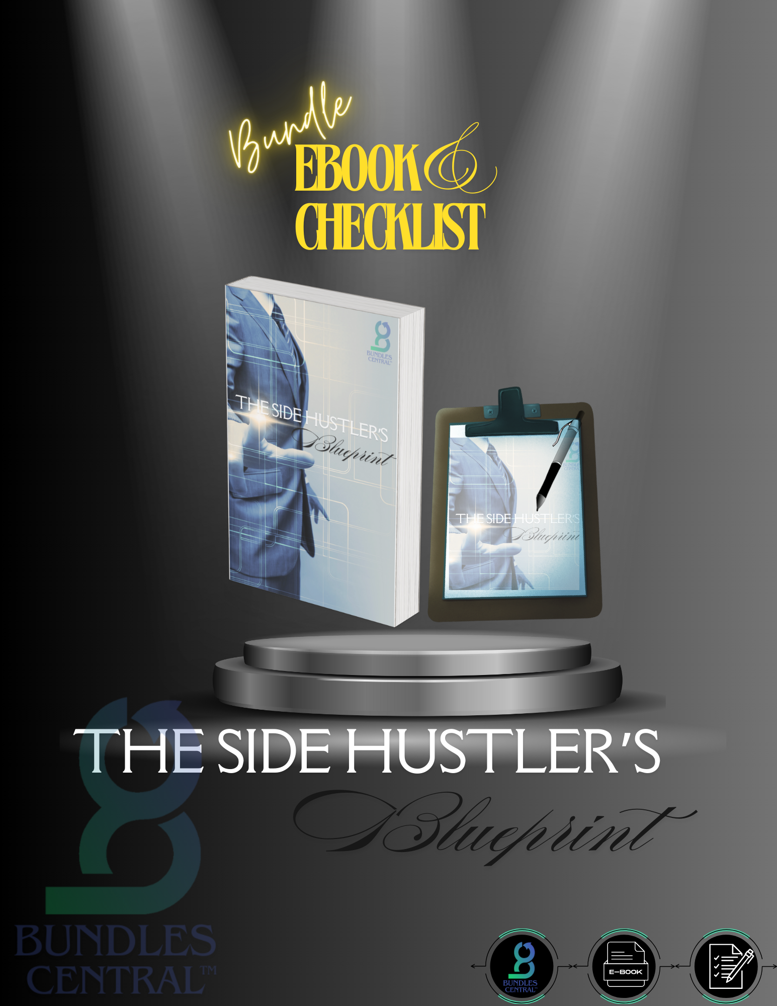 Promotional graphic for 'The Side Hustler's Blueprint - BUNDLE (eBook + Checklist) PDF', featuring an image of a man named Boris pointing to the reader and a checklist with a spotlight effect.