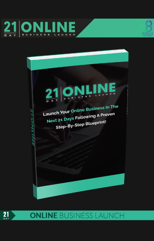 Cover of the eBook '21 Day Online Business Launch' featuring a green and black design with text and an image of a person named Boris working on a laptop.