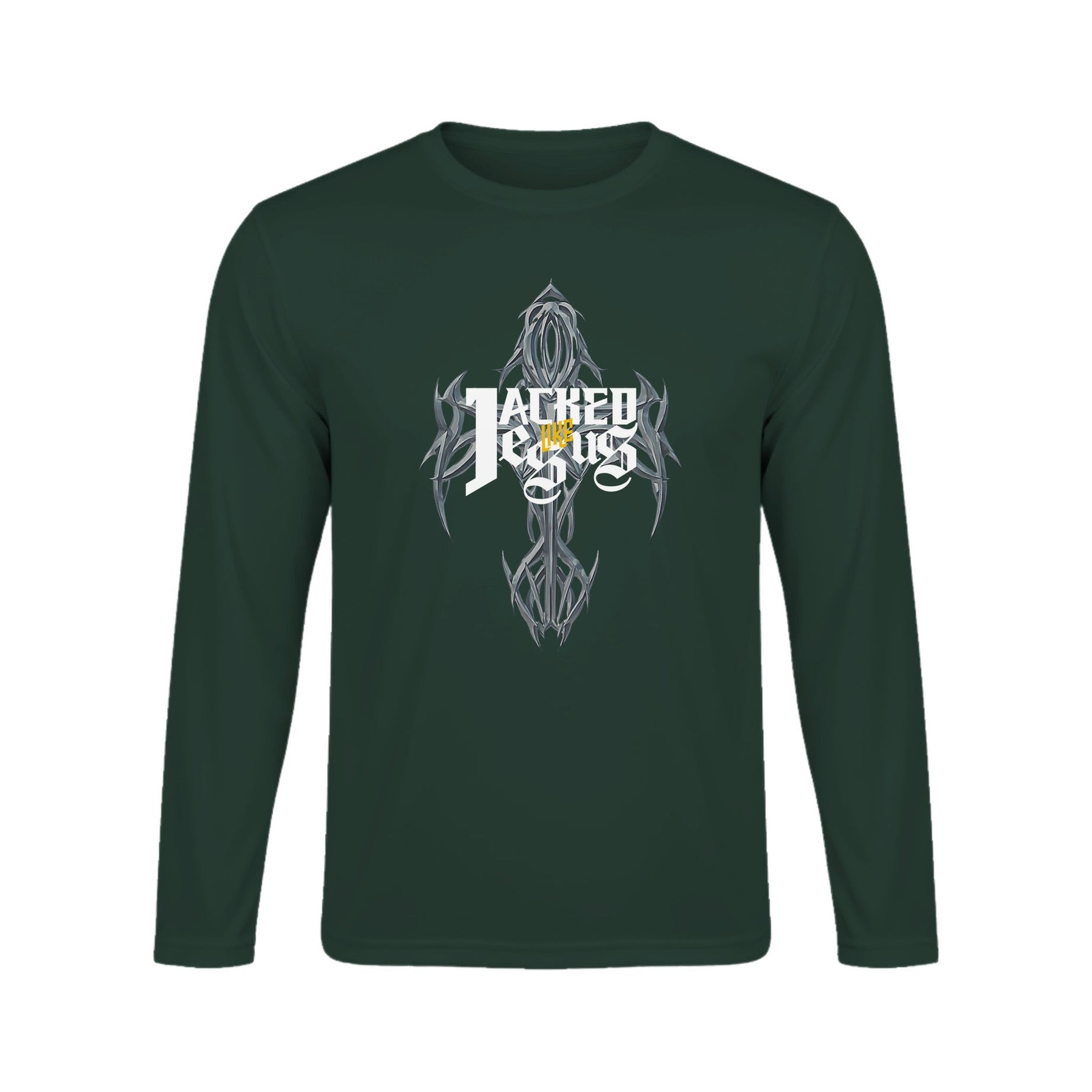 Unisex Performance Long Sleeve T-Shirt - Dark (Jacked like Jesus) - Forest Green / XS - Print Material