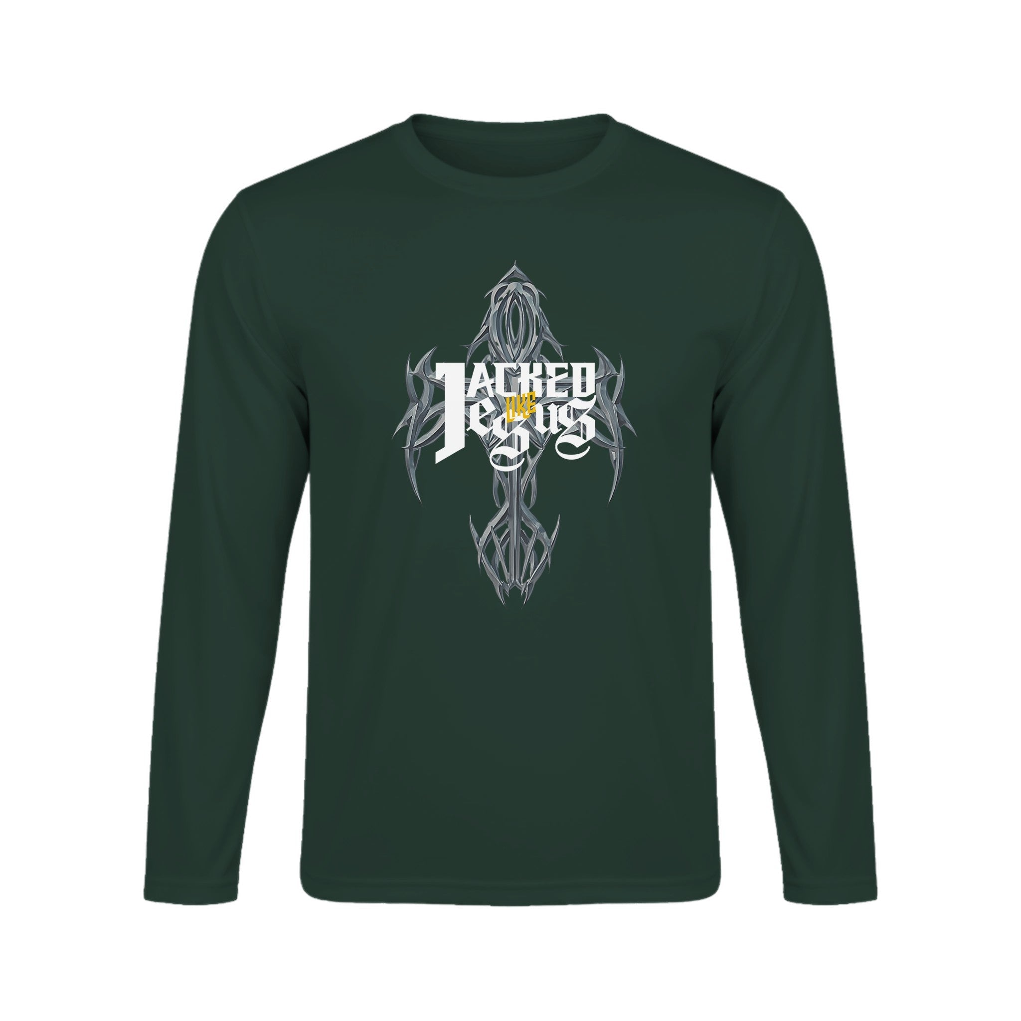 Unisex Performance Long Sleeve T-Shirt - Dark (Jacked like Jesus) - Forest Green / XS - Print Material