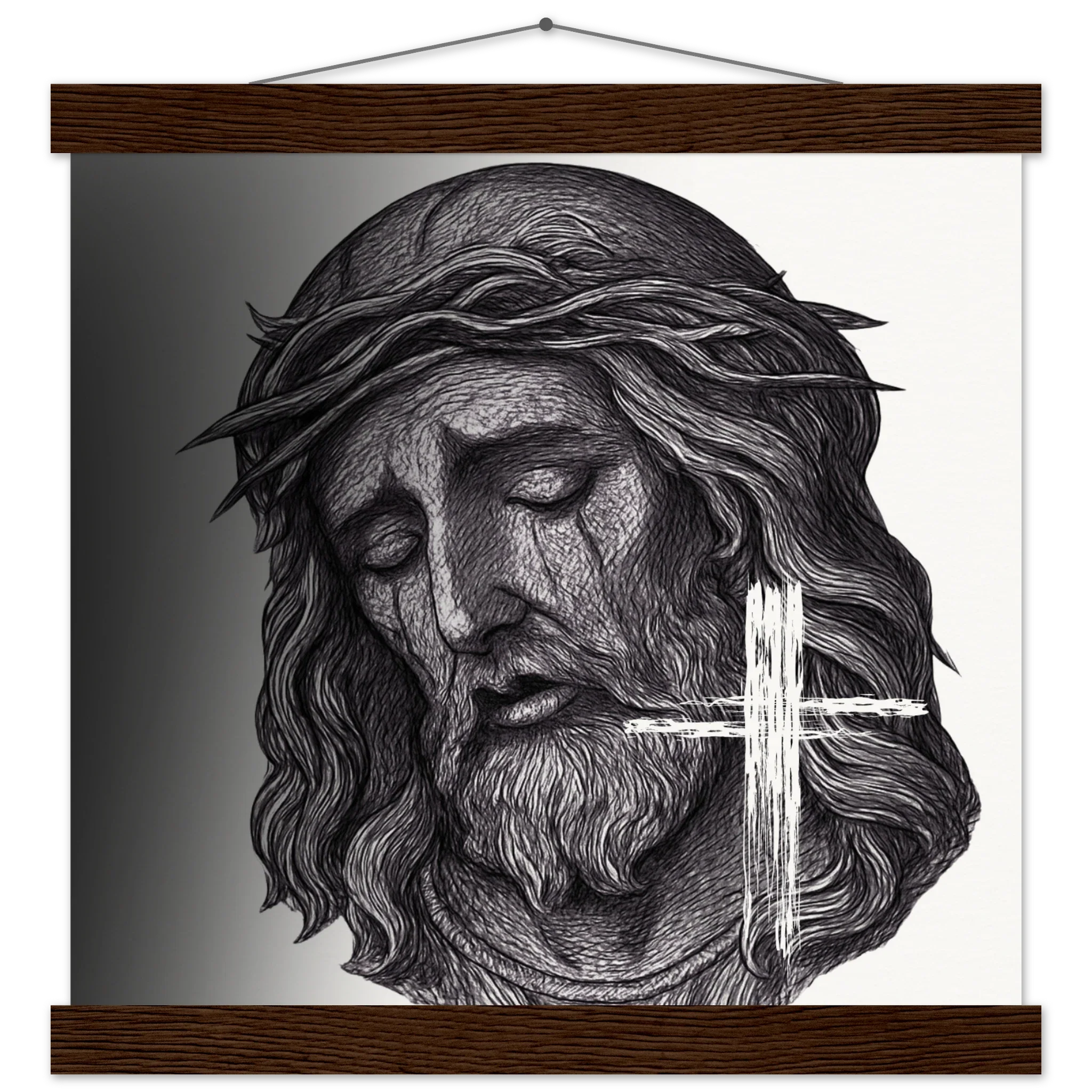 Wall Art Museum-Quality Matte Paper Poster with Hanger (Jesus is King) - 30x30 cm / 12x12″ / Dark wood wall hanger