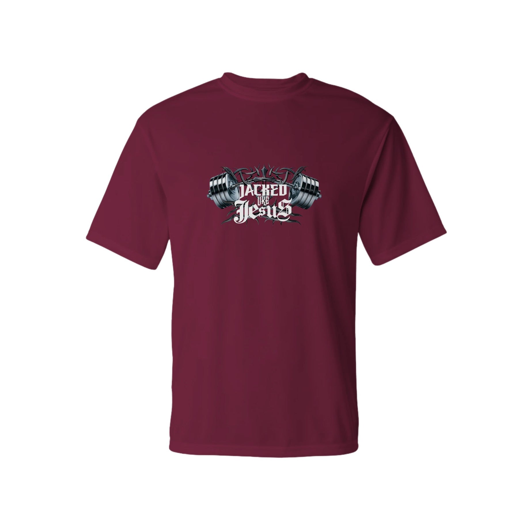 Men’s Performance T-Shirt - Dark (Jacked Like Jesus) - Maroon / XS - Print Material