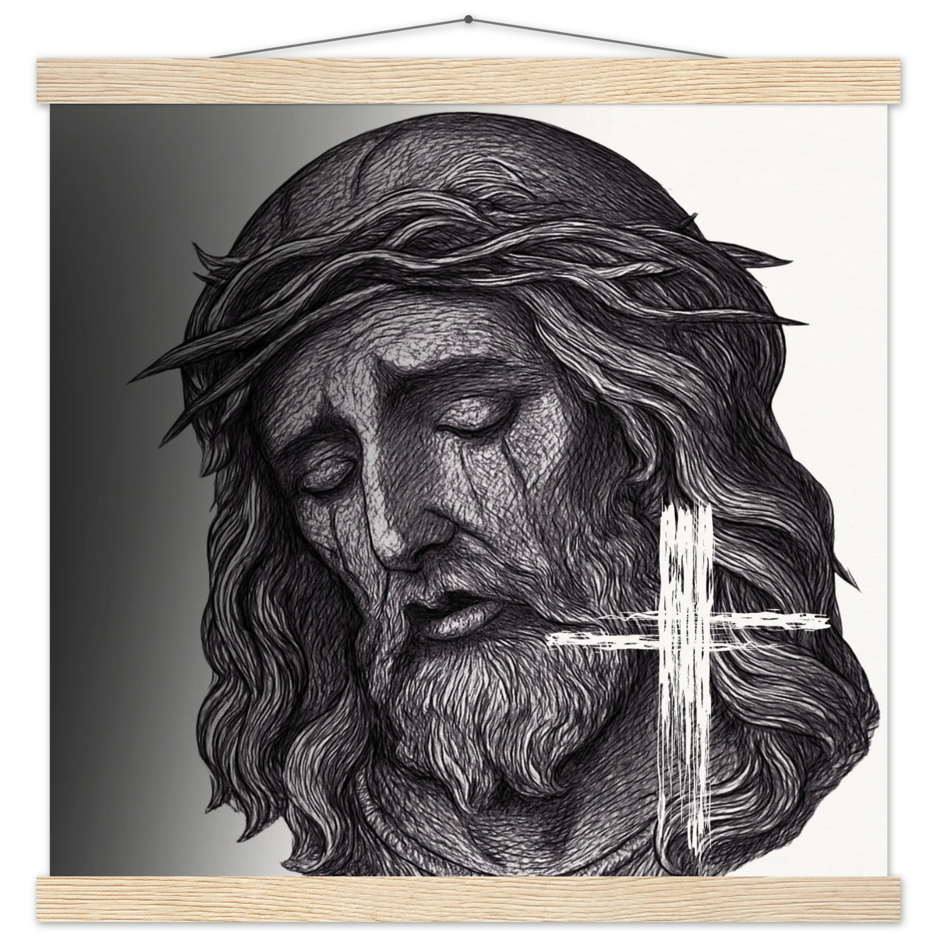 Wall Art Museum-Quality Matte Paper Poster with Hanger (Jesus is King) - 40x40 cm / 16x16″ / Natural wood wall hanger