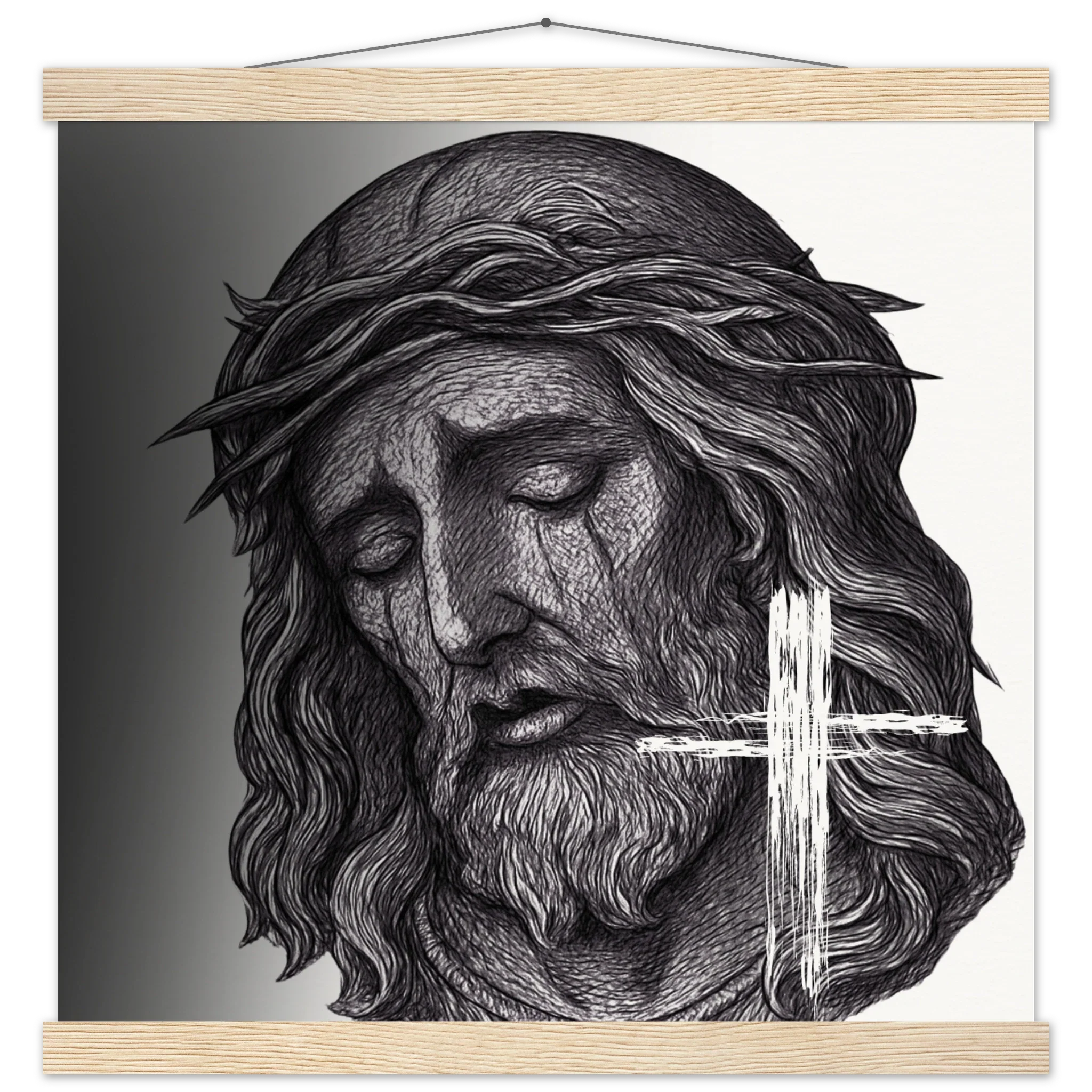 Wall Art Museum-Quality Matte Paper Poster with Hanger (Jesus is King) - 40x40 cm / 16x16″ / Natural wood wall hanger