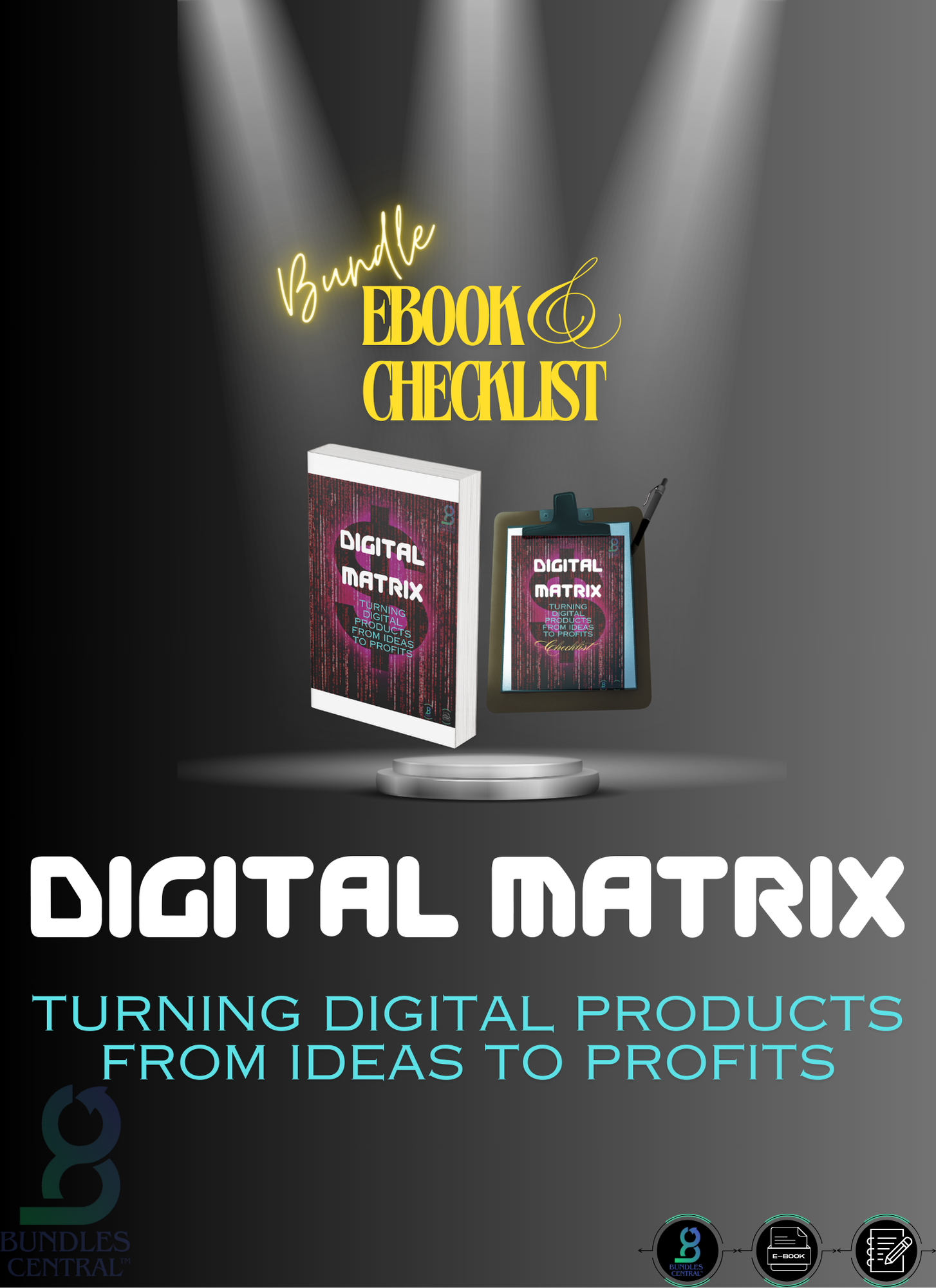 Promotional image featuring an e-book and checklist bundle titled 'Digital Matrix: Turning Digital Products from Ideas to Profits', showing a dollar sign with binary matrix around it.