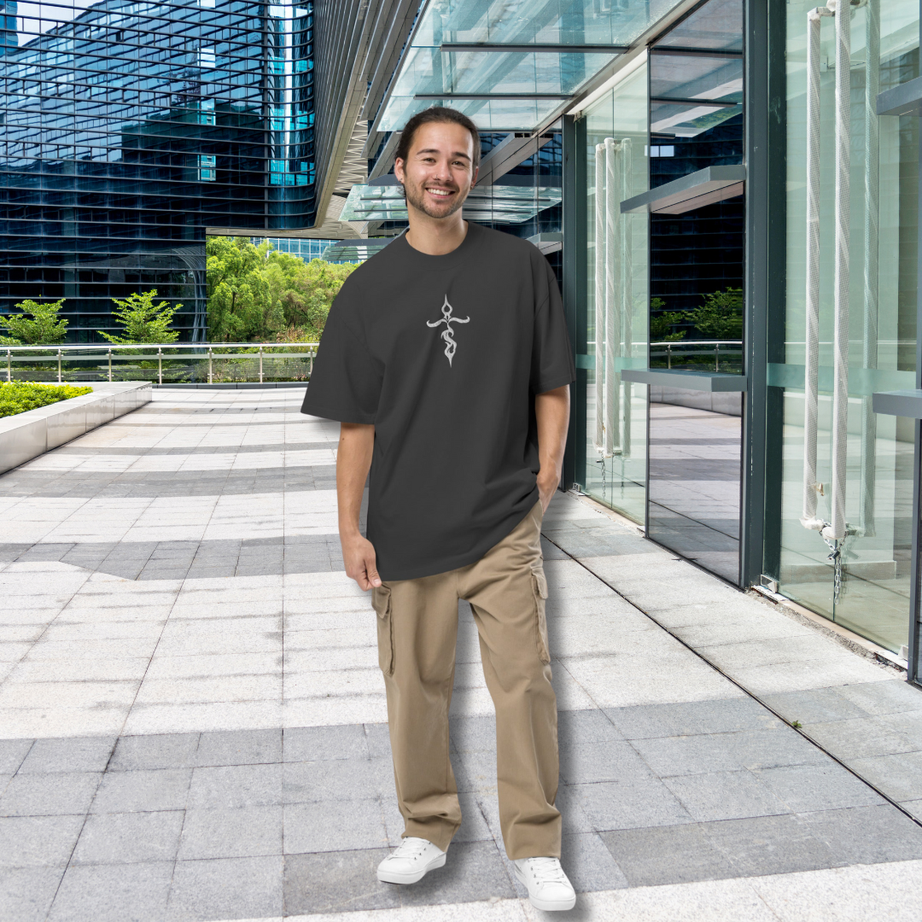 Unisex Oversized Embroidered Faded T-shirt (Tribal Cross)