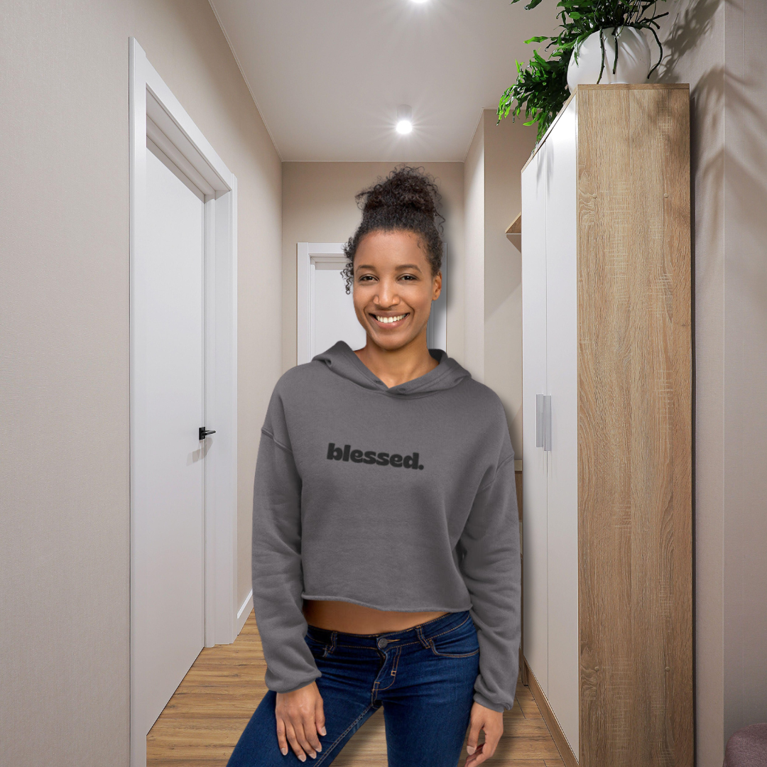 Women's Embroidered Cropped Top Hoodie - Gray XL (Blessed)