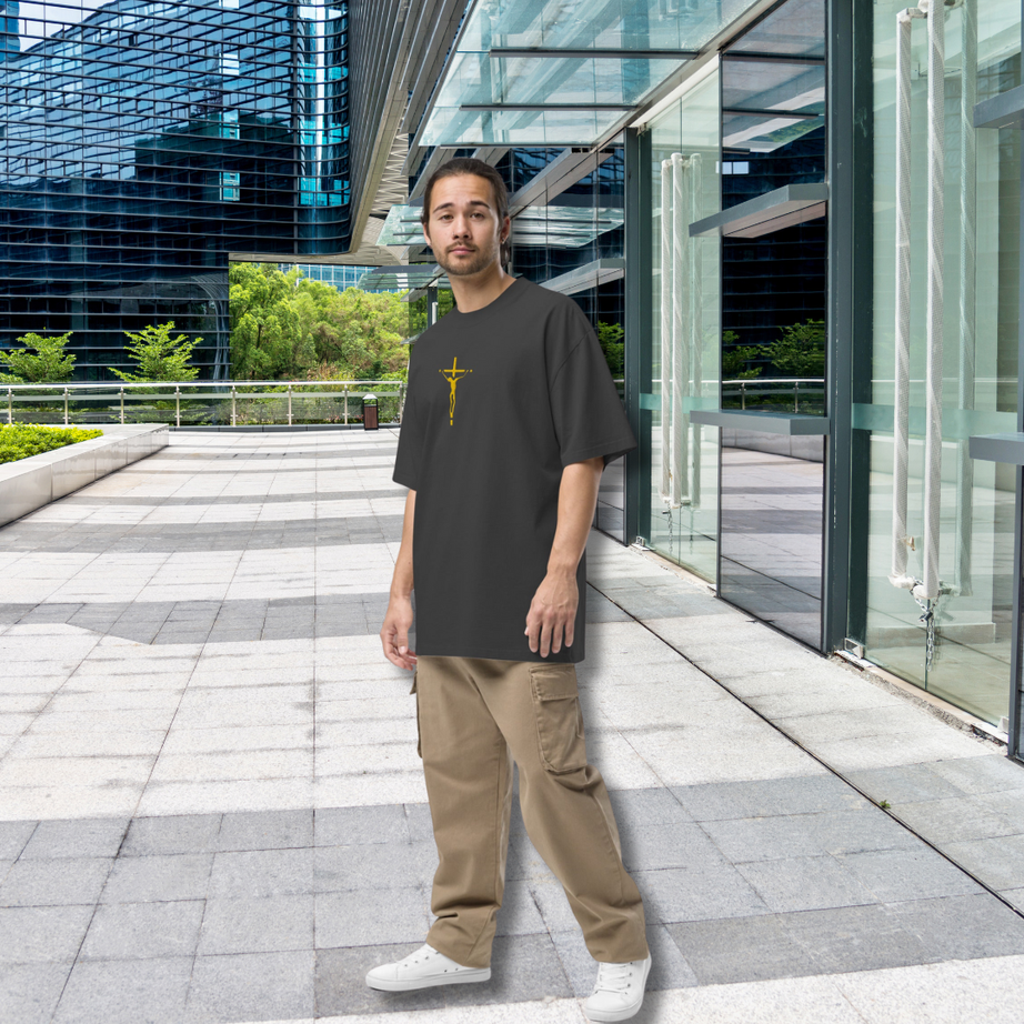 Unisex Oversized Embroidered Faded T-shirt (Gold Crucifix)