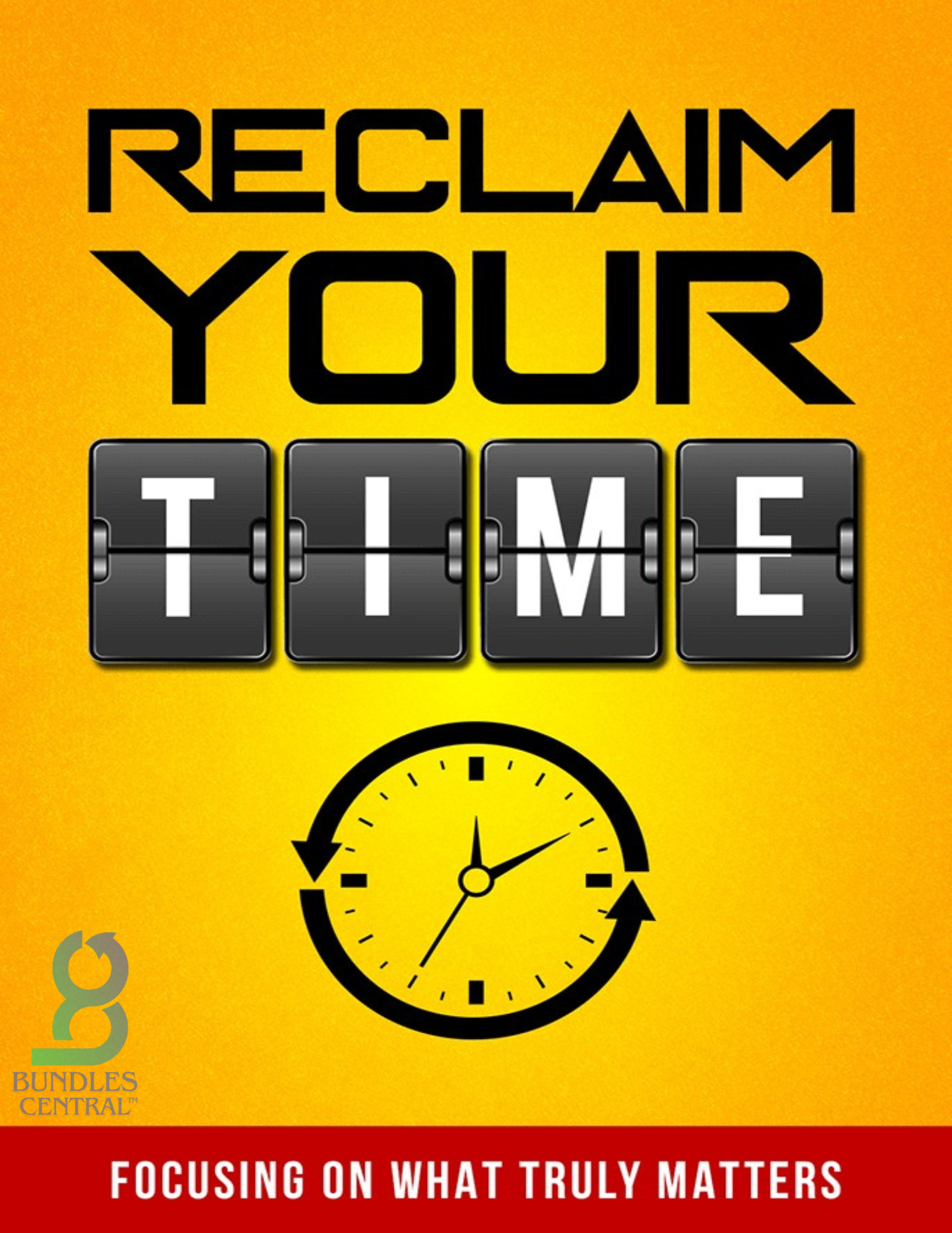 A promotional image where a clock showing the importance of time and how we can manage it to prosper in online business like Bundles Central website. 
