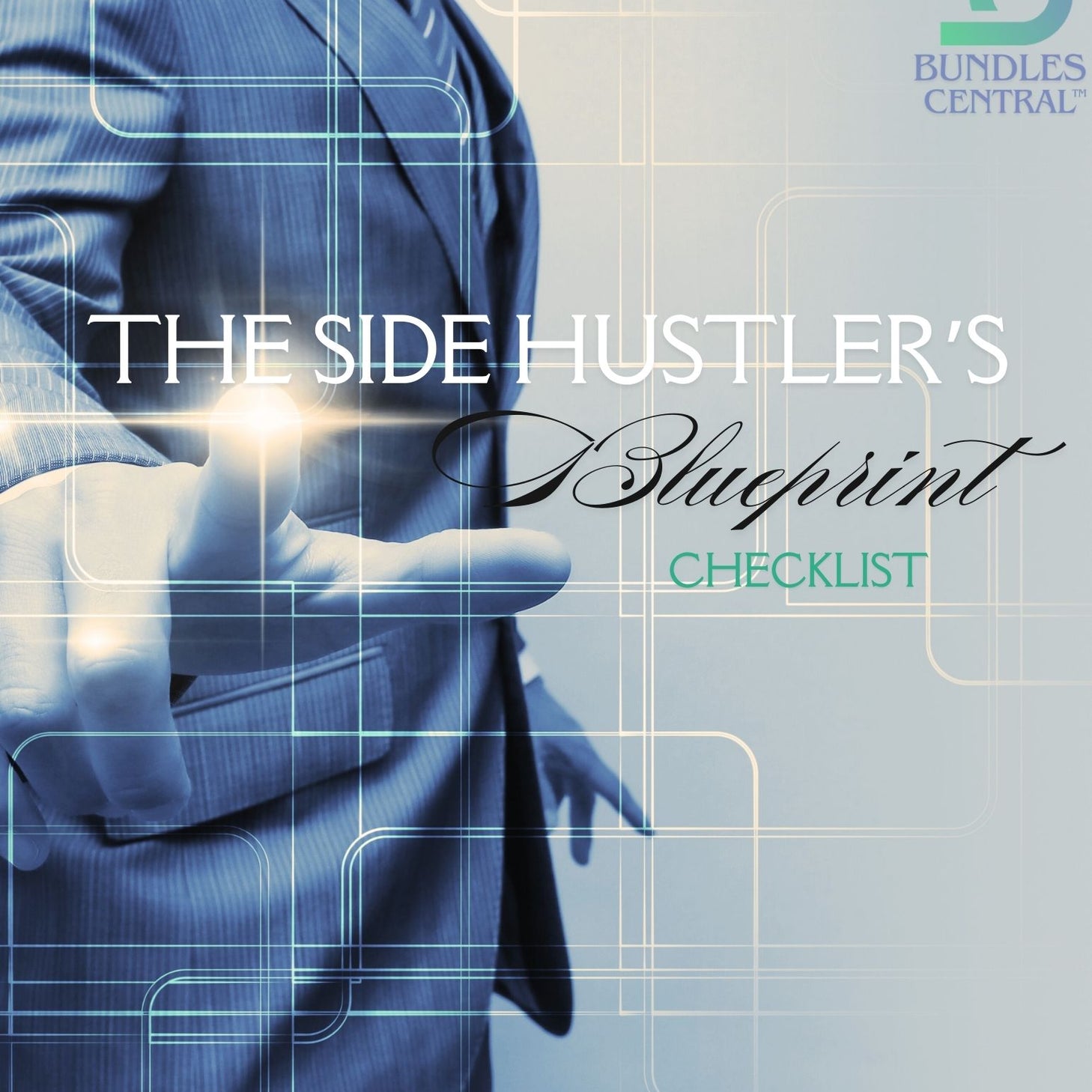 Cover of a PDF checklist titled 'The Side Hustler's Blueprint', featuring an image of a man named Boris, in a suit pointing towards the reader, with an abstract design in the background.