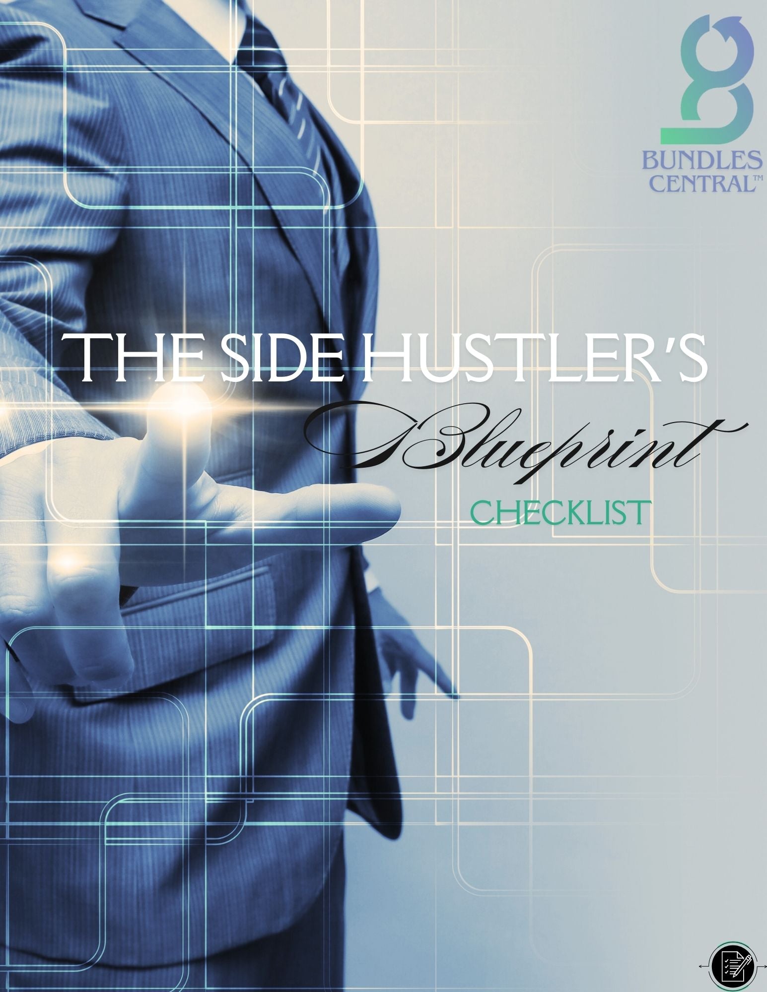 Cover of a PDF checklist titled 'The Side Hustler's Blueprint', featuring an image of a man named Boris, in a suit pointing towards the reader, with an abstract design in the background.