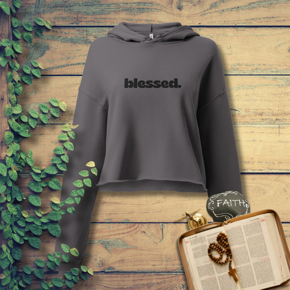 Women's Embroidered Cropped Top Hoodie - Gray XL (Blessed)