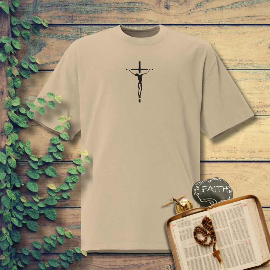 Unisex Oversized Embroidered Faded T-shirt (Black Crucifix)