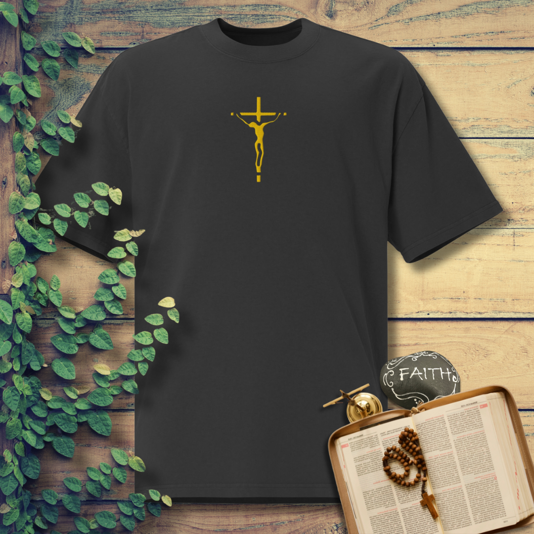 Unisex Oversized Embroidered Faded T-shirt (Gold Crucifix)