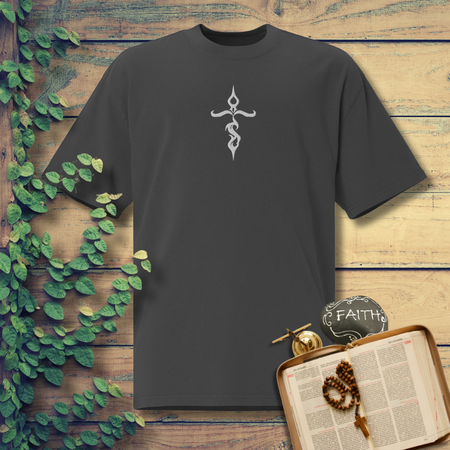 Unisex Oversized Embroidered Faded T-shirt (Tribal Cross)