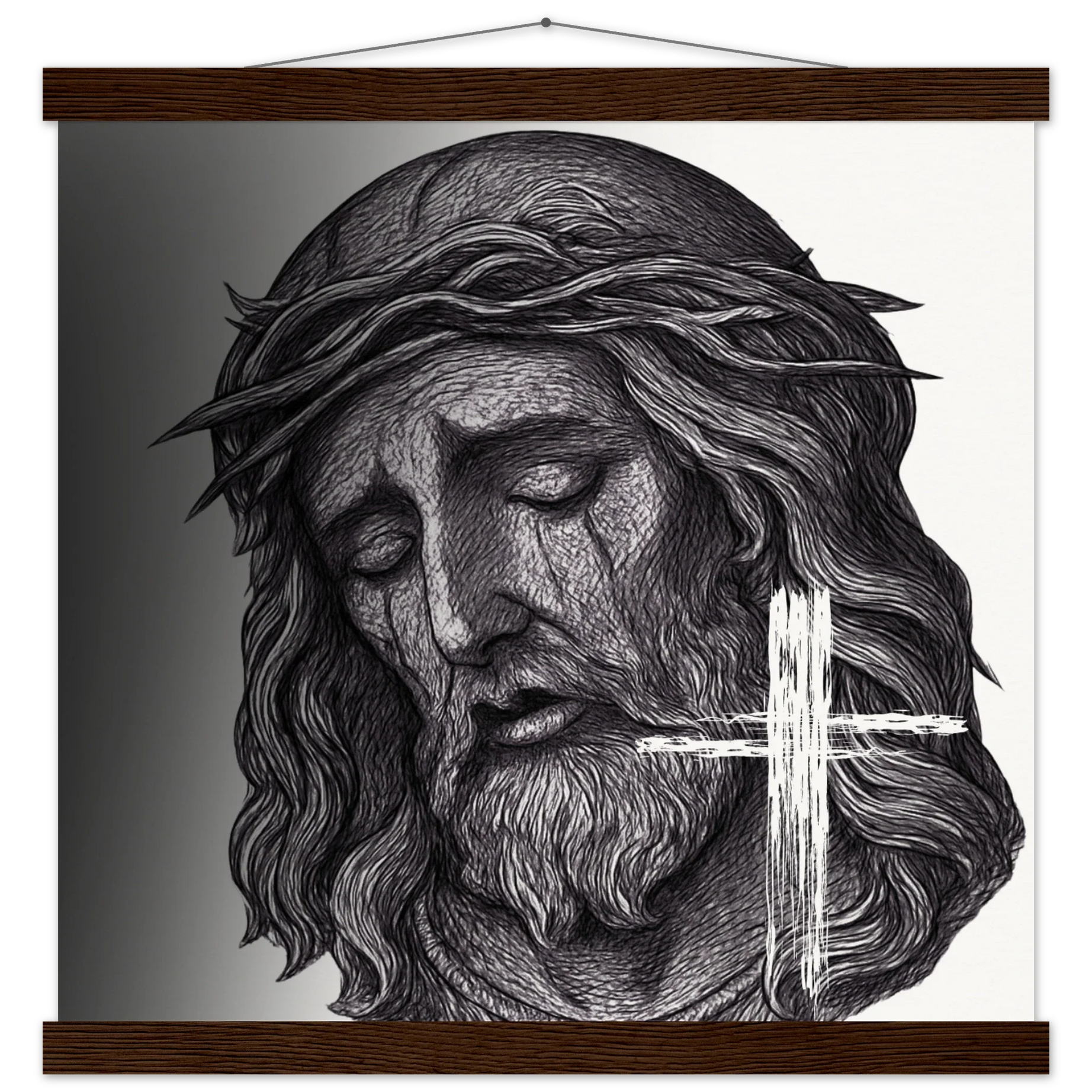 Wall Art Museum-Quality Matte Paper Poster with Hanger (Jesus is King) - 40x40 cm / 16x16″ / Dark wood wall hanger
