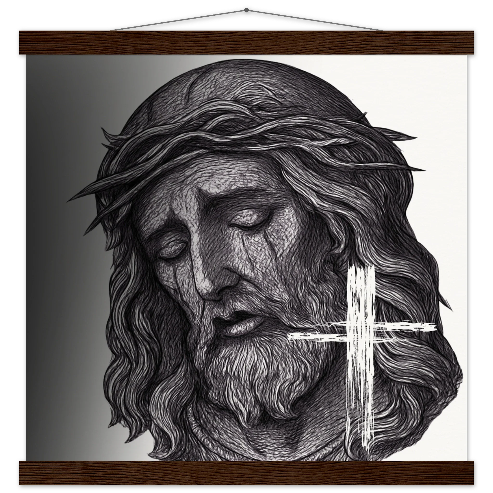 Wall Art Museum-Quality Matte Paper Poster with Hanger (Jesus is King) - 40x40 cm / 16x16″ / Dark wood wall hanger