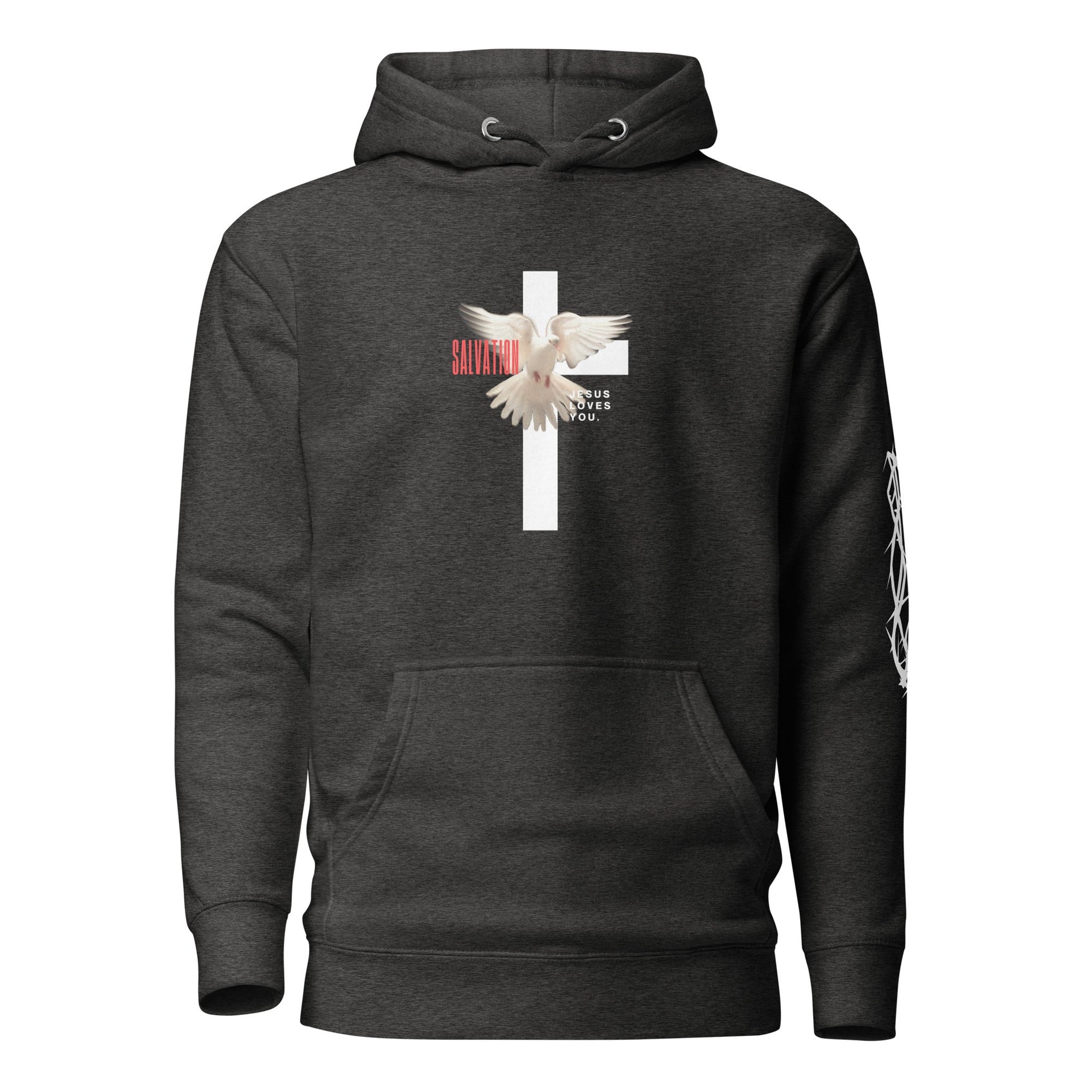 Unisex Premium Pullover Cotton Heritage Hoodie - Dark (Salvation Jesus Loves You) - Charcoal Heather / S