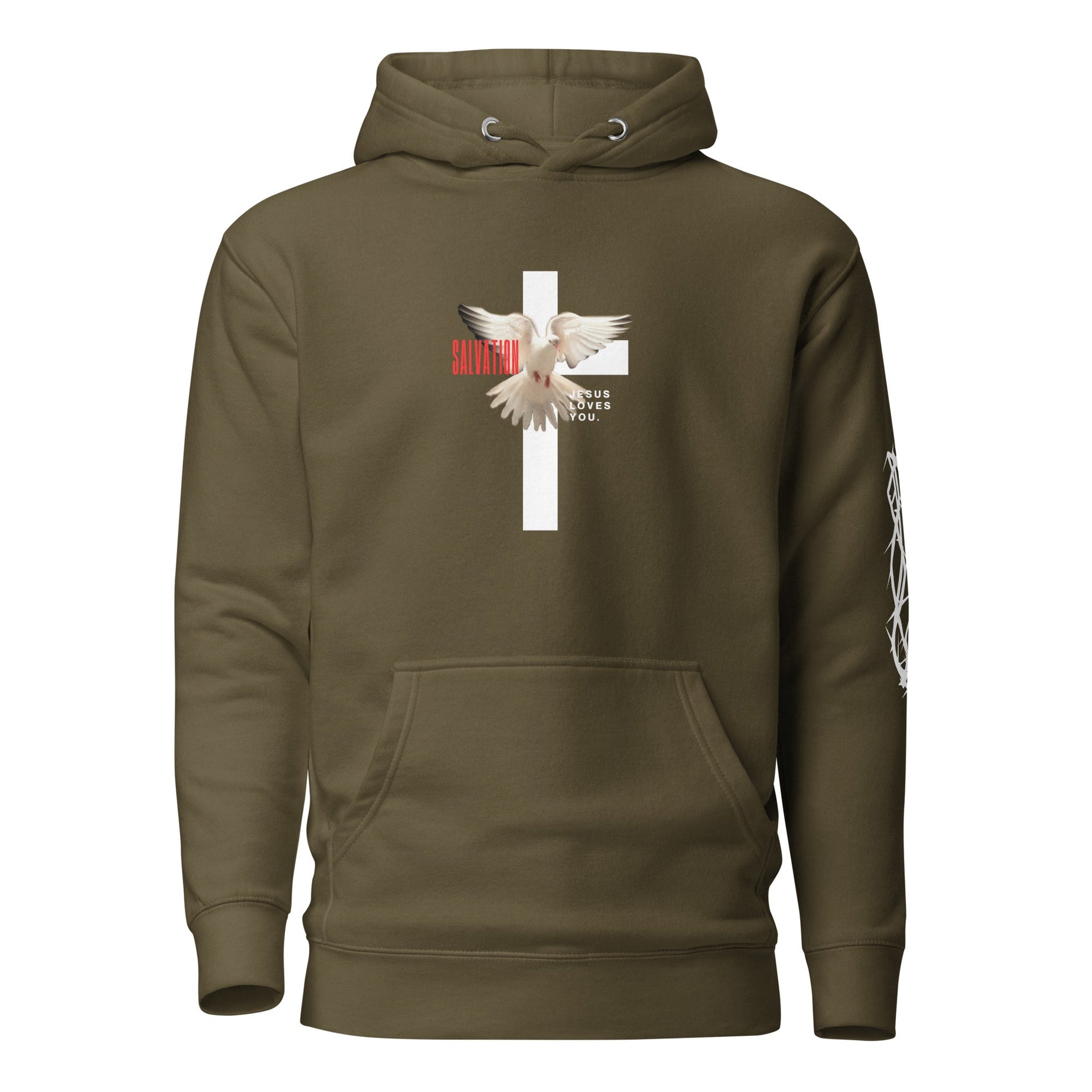 Unisex Premium Pullover Cotton Heritage Hoodie - Dark (Salvation Jesus Loves You) - Military Green / S