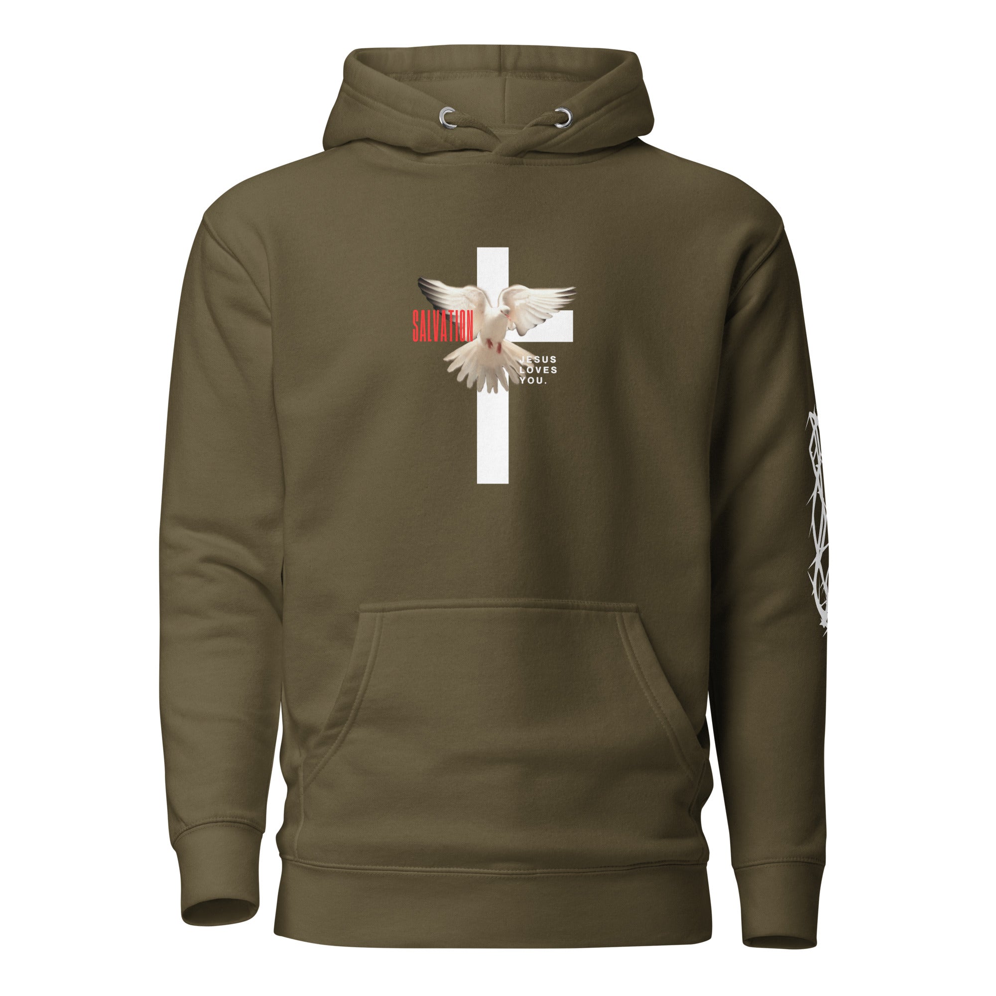 Unisex Premium Pullover Cotton Heritage Hoodie - Dark (Salvation Jesus Loves You) - Military Green / S