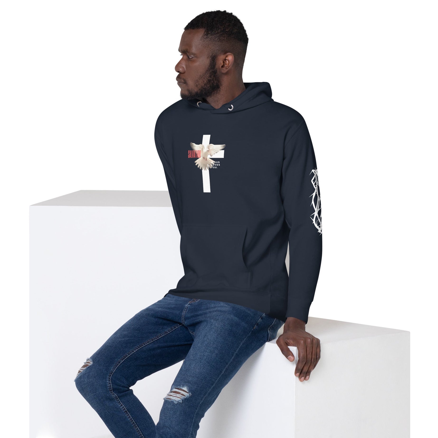 Unisex Premium Pullover Cotton Heritage Hoodie - Dark (Salvation Jesus Loves You)