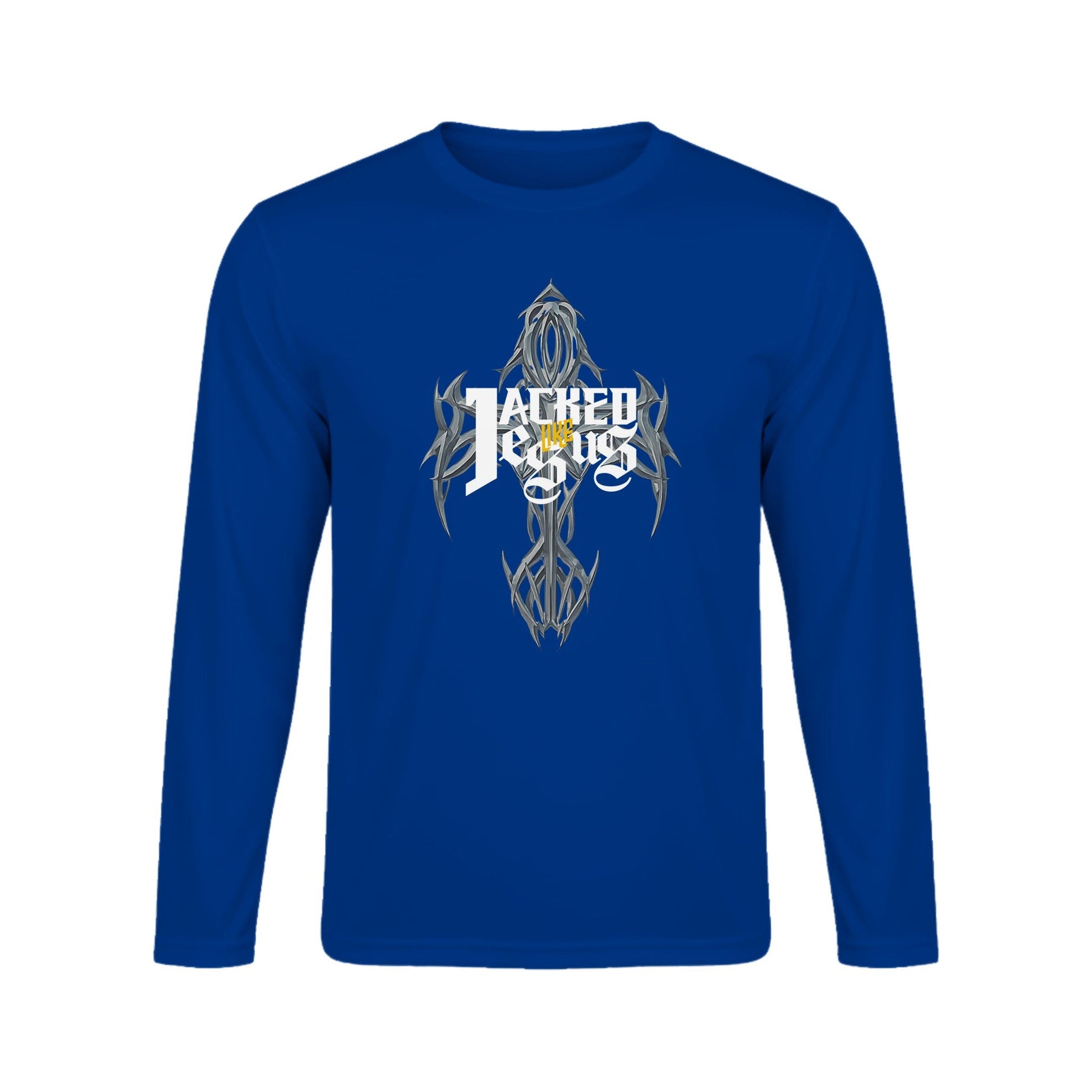 Unisex Performance Long Sleeve T-Shirt - Dark (Jacked like Jesus) - True Royal / XS - Print Material