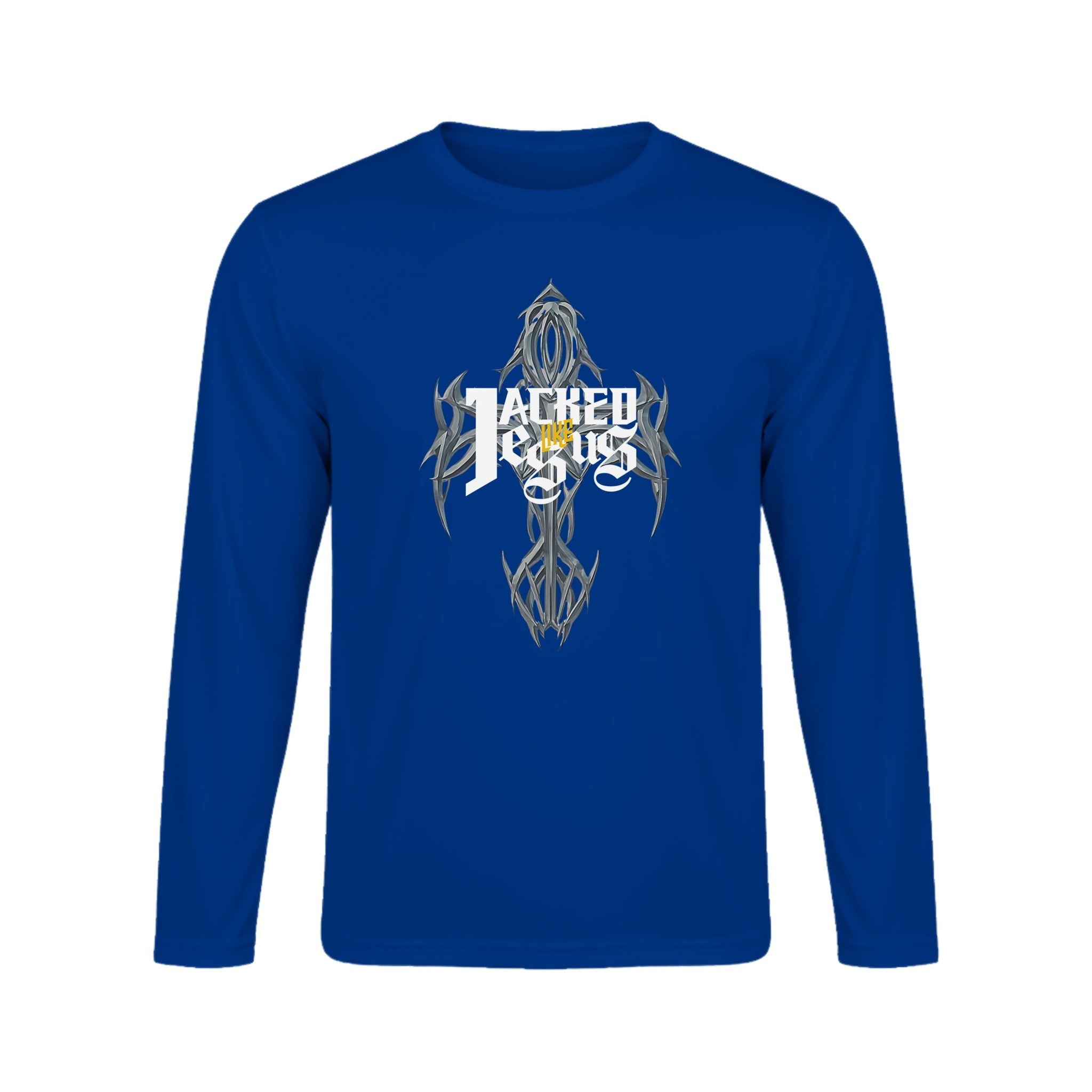 Unisex Performance Long Sleeve T-Shirt - Dark (Jacked like Jesus) - True Royal / XS - Print Material