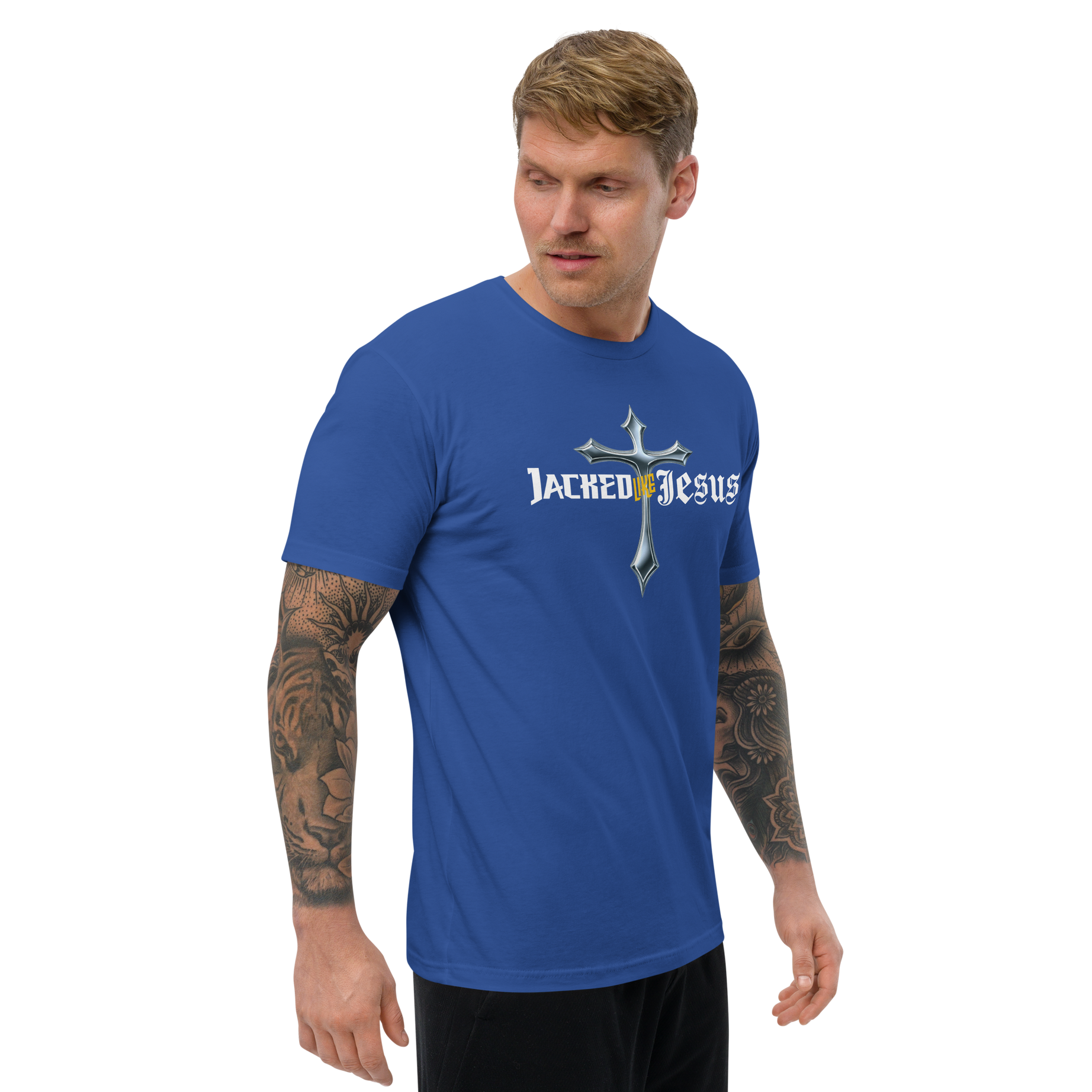 Men’s Short Sleeve Fitted T-shirt - Dark (Jacked like Jesus v2) - T-SHIRT