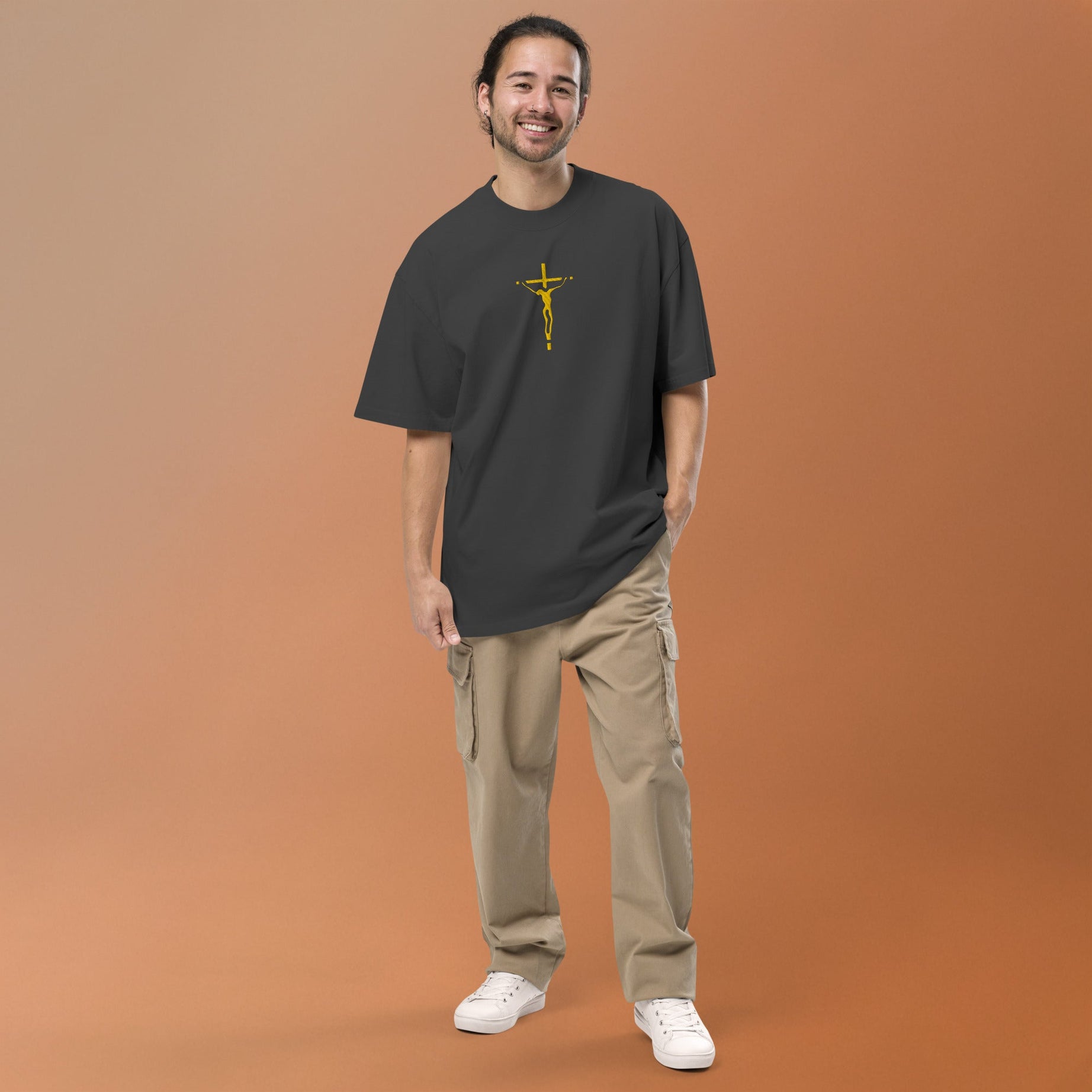 Unisex Oversized Embroidered Faded T-shirt (Gold Crucifix) - T-SHIRT