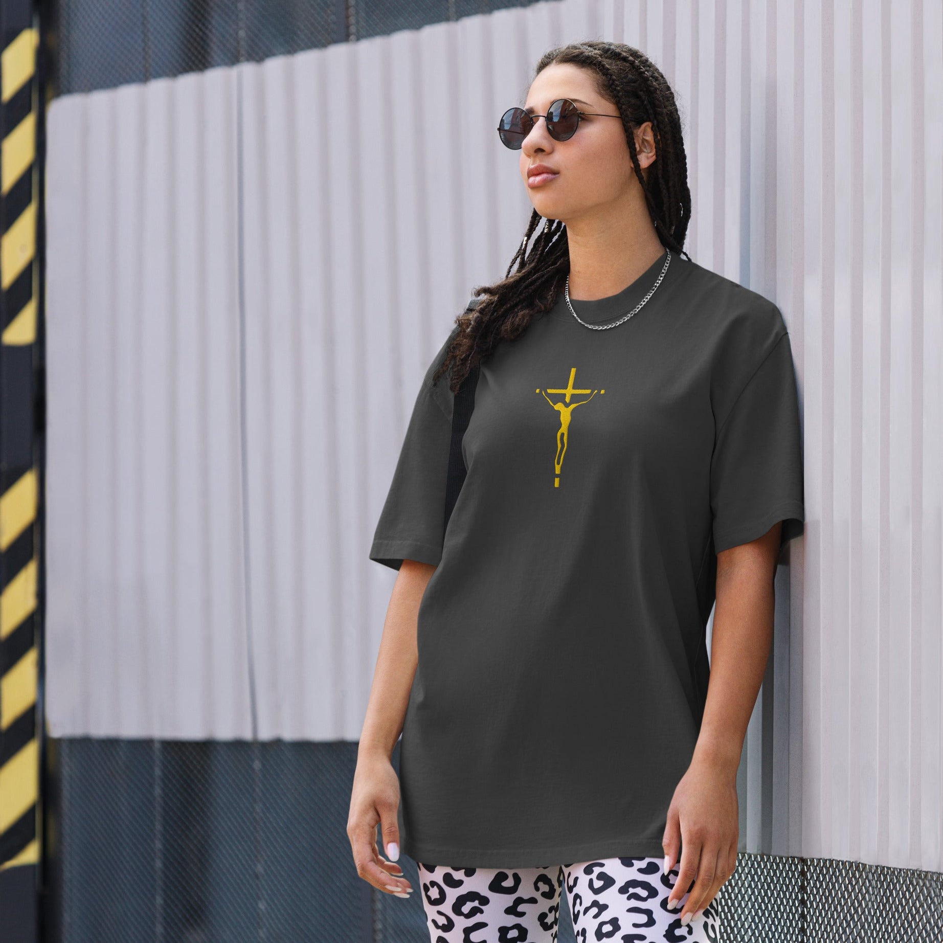 Unisex Oversized Embroidered Faded T-shirt (Gold Crucifix) - T-SHIRT