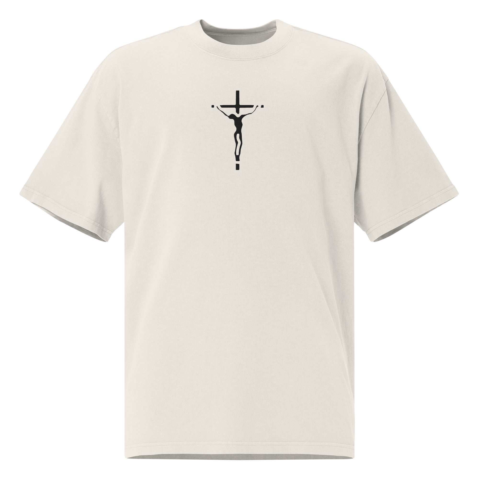 Unisex Oversized Embroidered Faded T-shirt (Black Crucifix) - Bone / S - T-SHIRT