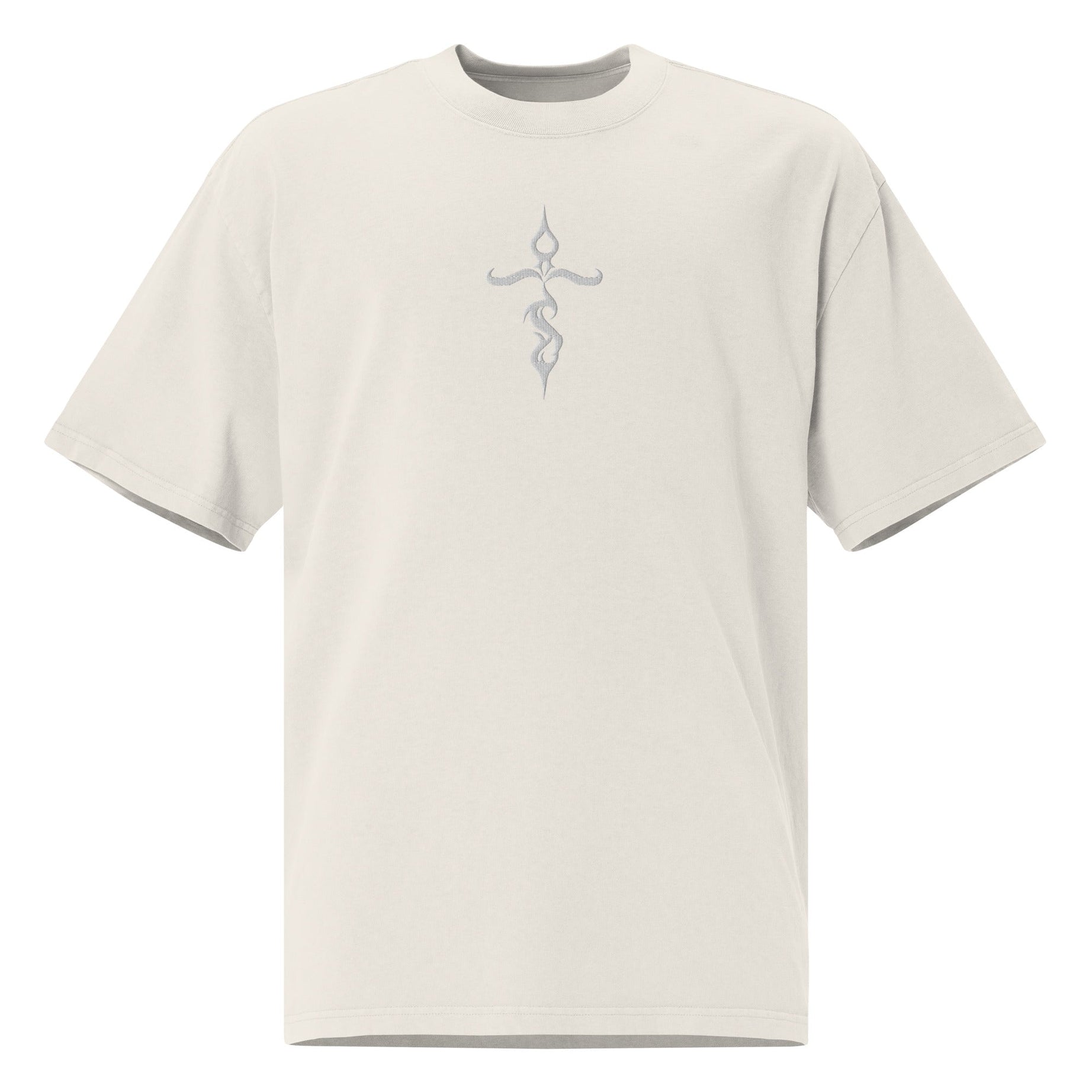 Unisex Oversized Embroidered Faded T-shirt (Tribal Cross) - Bone / S - T-SHIRT