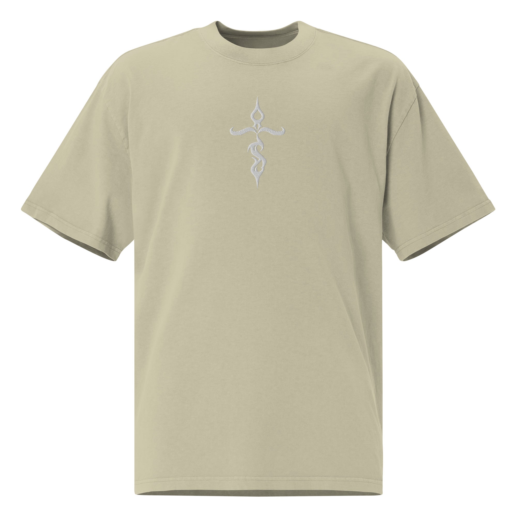 Unisex Oversized Embroidered Faded T-shirt (Tribal Cross) - Eucalyptus / S - T-SHIRT