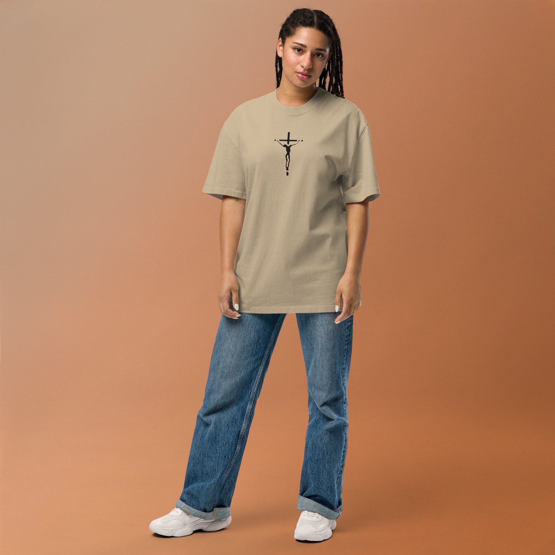 Unisex Oversized Embroidered Faded T-shirt (Black Crucifix) - T-SHIRT