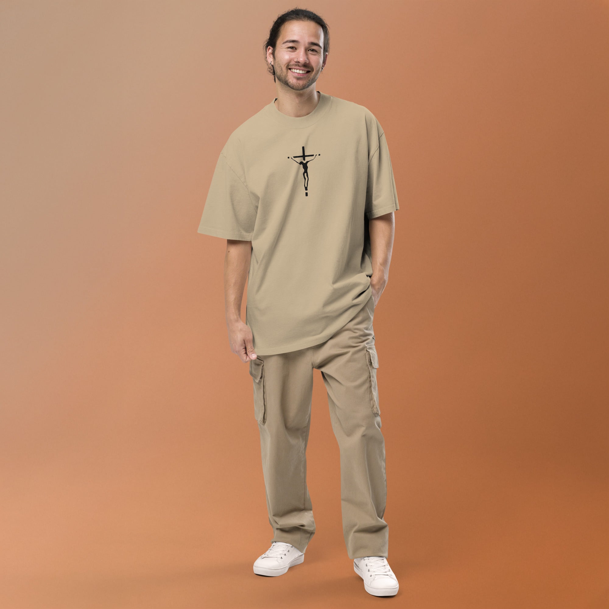 Unisex Oversized Embroidered Faded T-shirt (Black Crucifix) - T-SHIRT