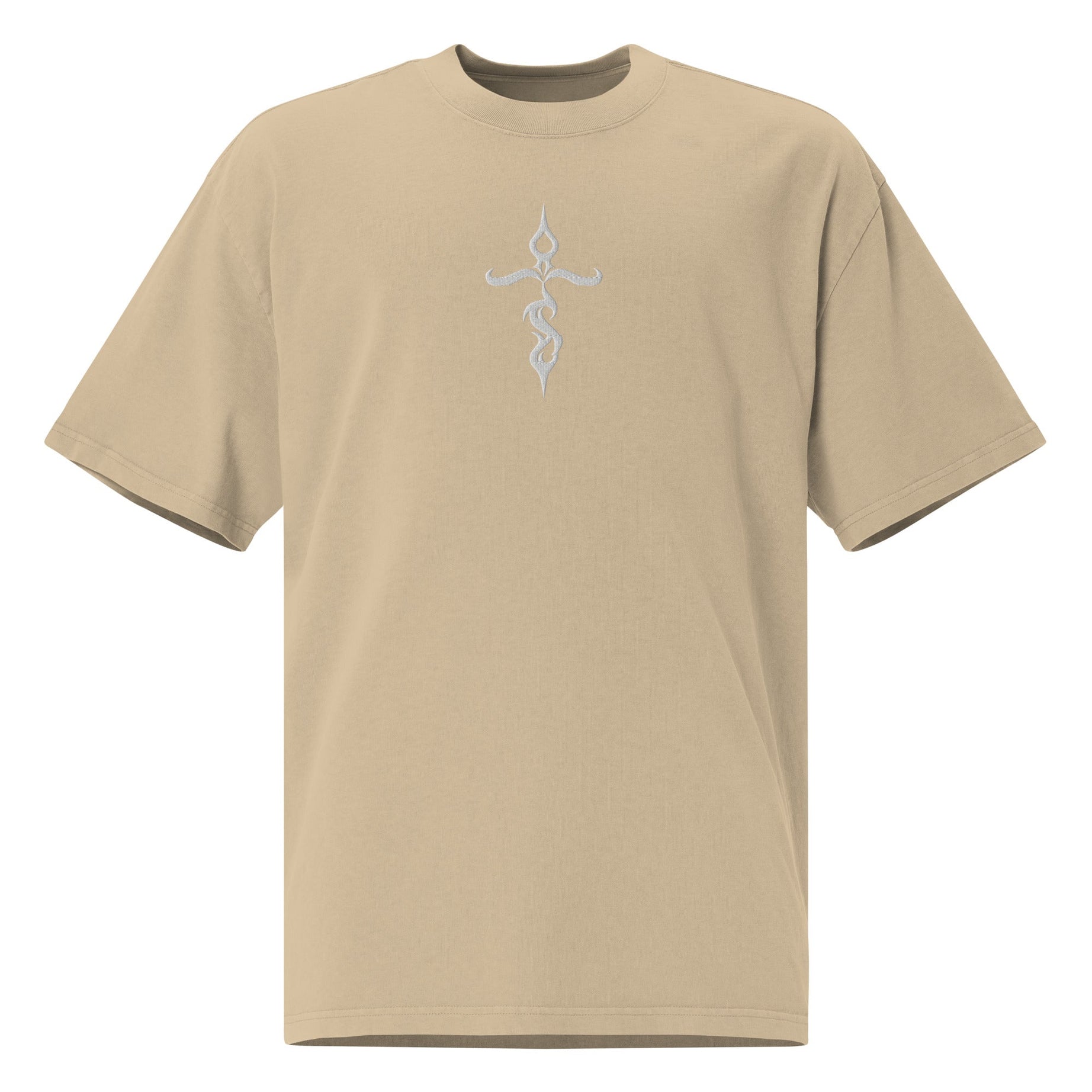 Unisex Oversized Embroidered Faded T-shirt (Tribal Cross) - Khaki / S - T-SHIRT