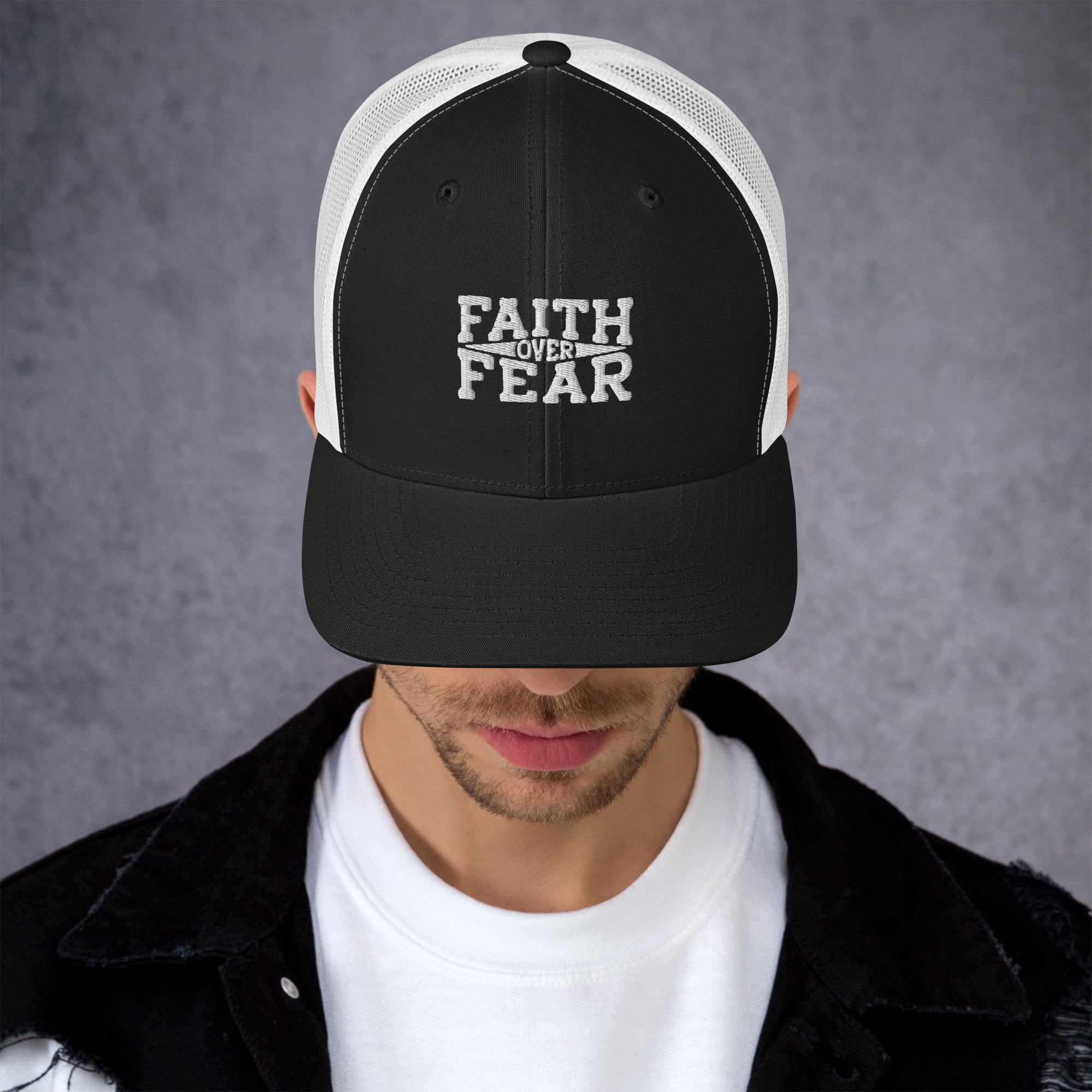 Retro Trucker Embroidered Cap (Faith Over Fear) - Hats