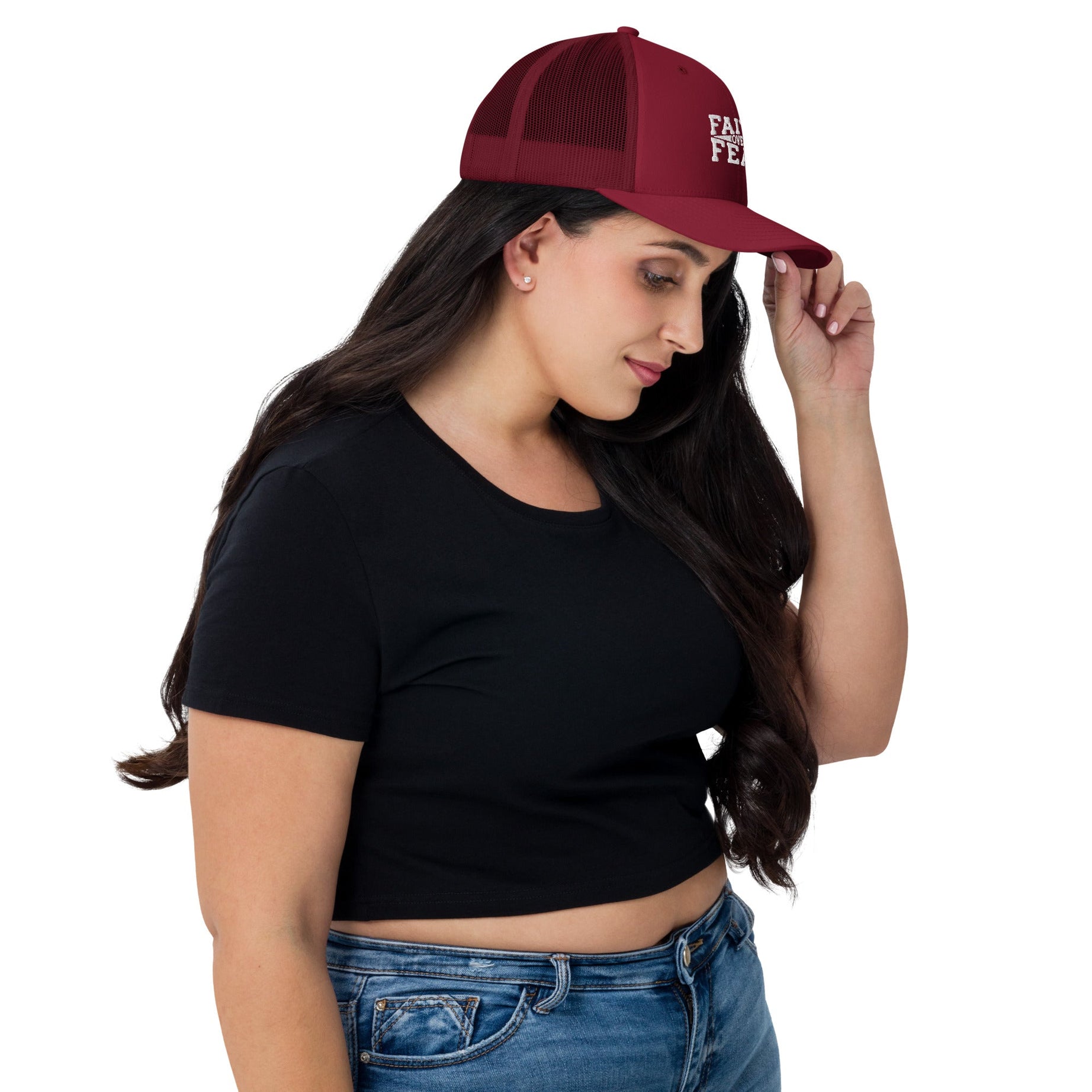 Retro Trucker Embroidered Cap (Faith Over Fear) - Cranberry - Hats
