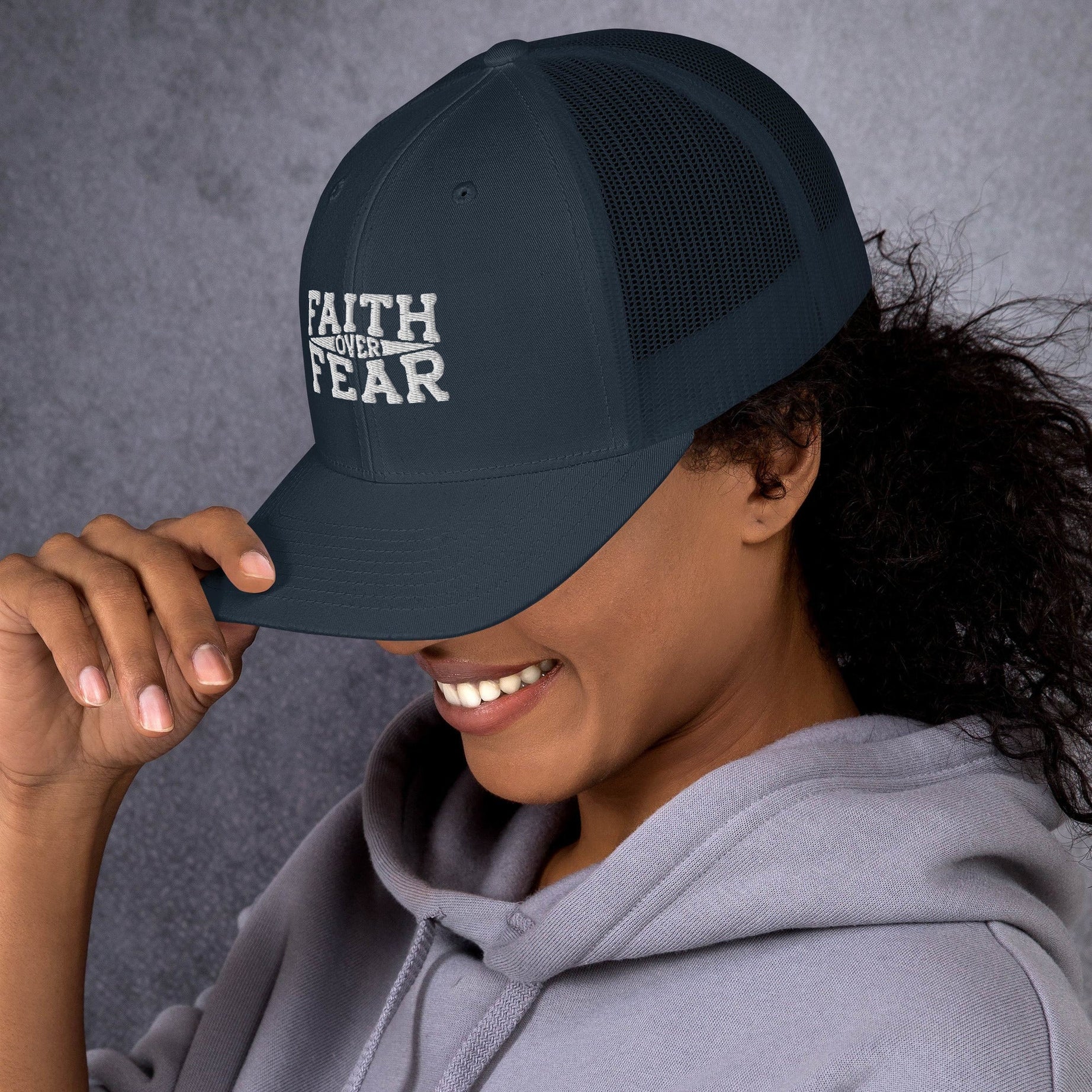 Retro Trucker Embroidered Cap (Faith Over Fear) - Navy - Hats