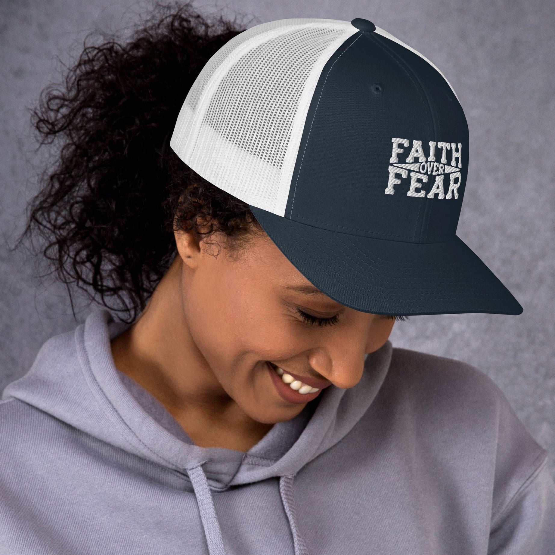 Retro Trucker Embroidered Cap (Faith Over Fear) - Navy/ White - Hats