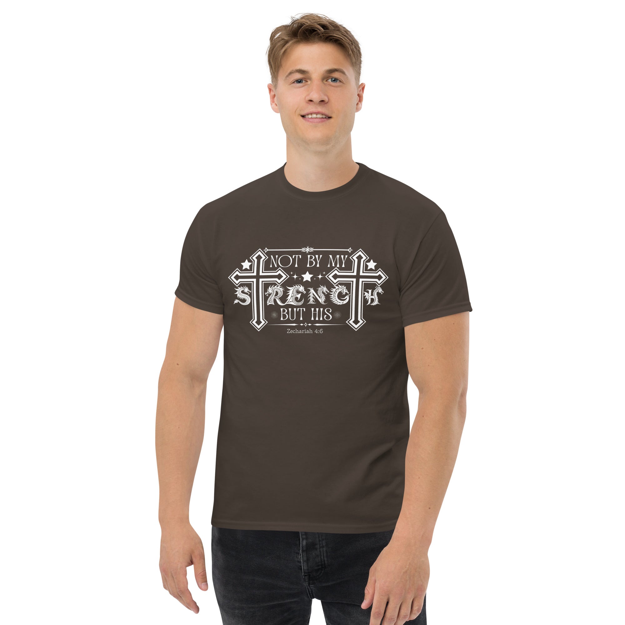 Short-Sleeve Unisex Classic T-Shirt (Not by my Strength but His) - Dark Chocolate / S - T-SHIRT