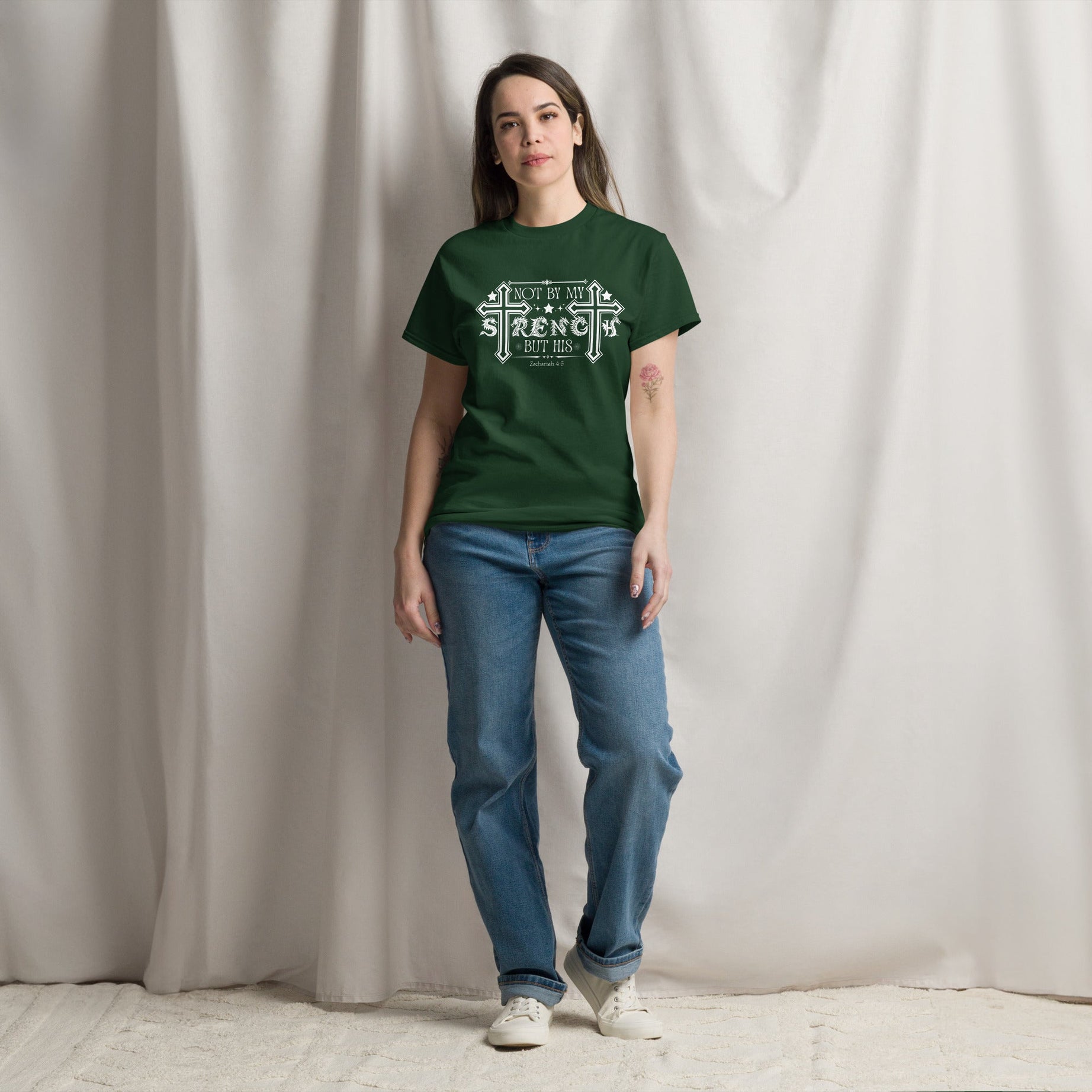 Short-Sleeve Unisex Classic T-Shirt (Not by my Strength but His) - Forest Green / S - T-SHIRT